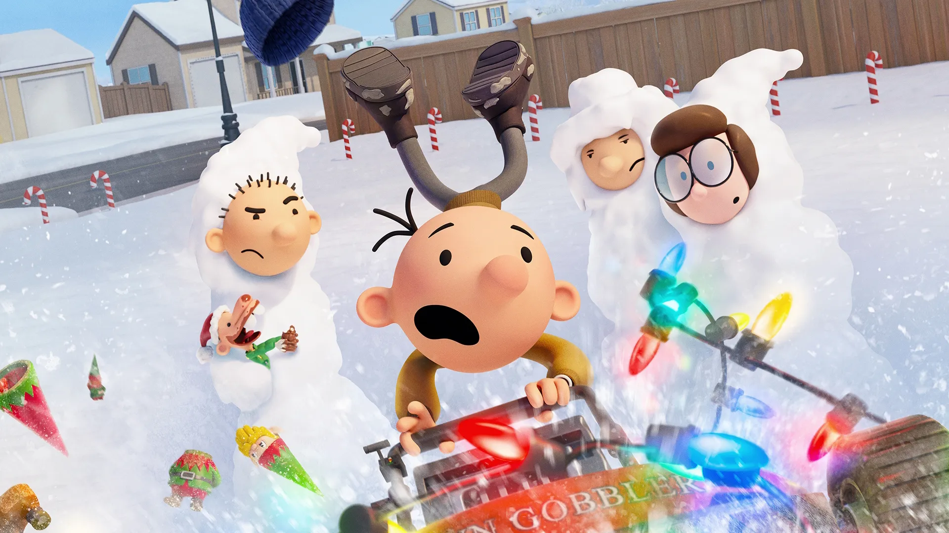 Greg Heffley causes chaos and destroys Christmas lights with the lawnmower in the snow as his family are covered in snow.