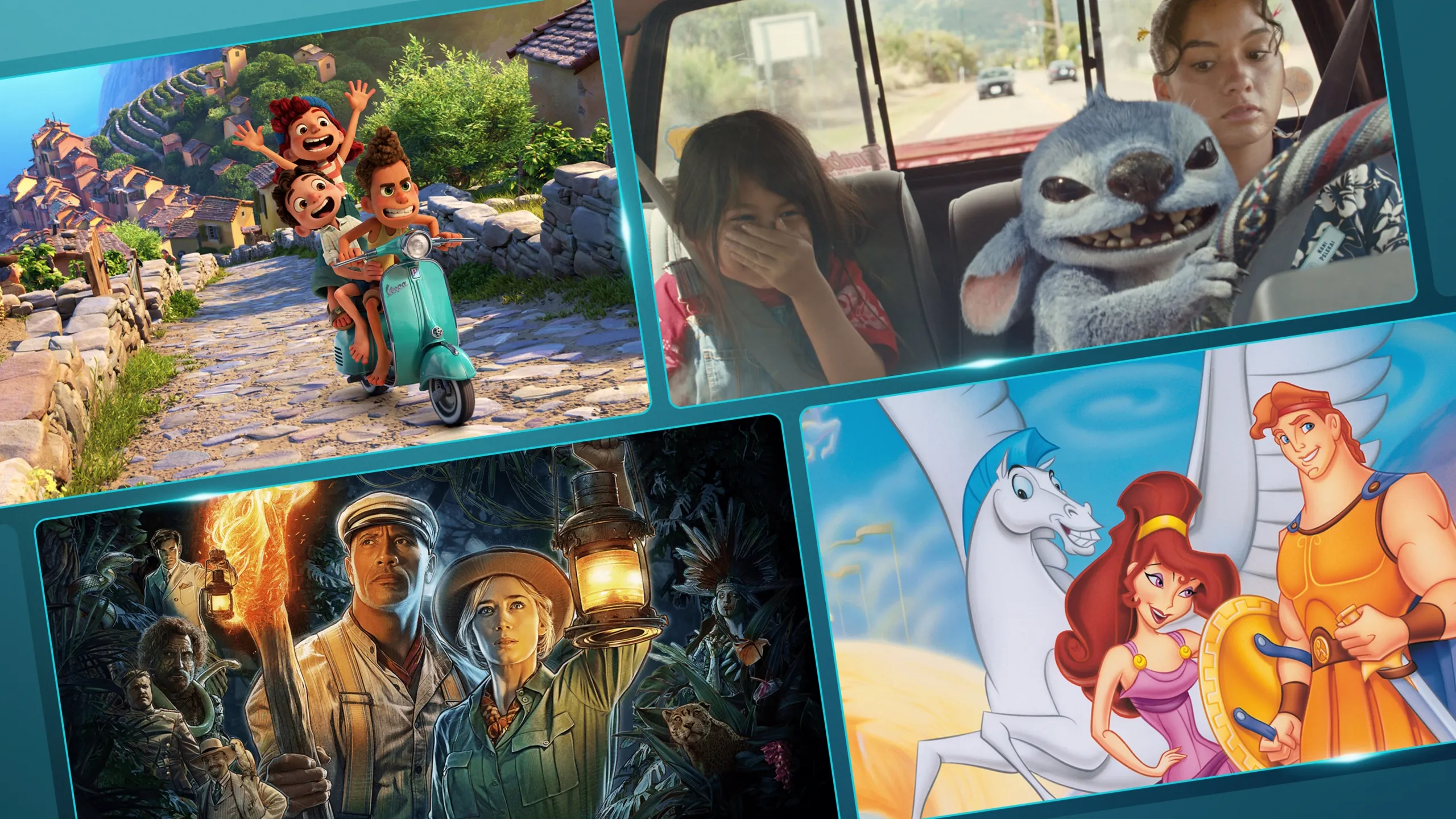 Uma colagem de imagens dos filmes da Disney e da Pixar Luca, Lilo & Stitch, Jungle Cruise e Hércules