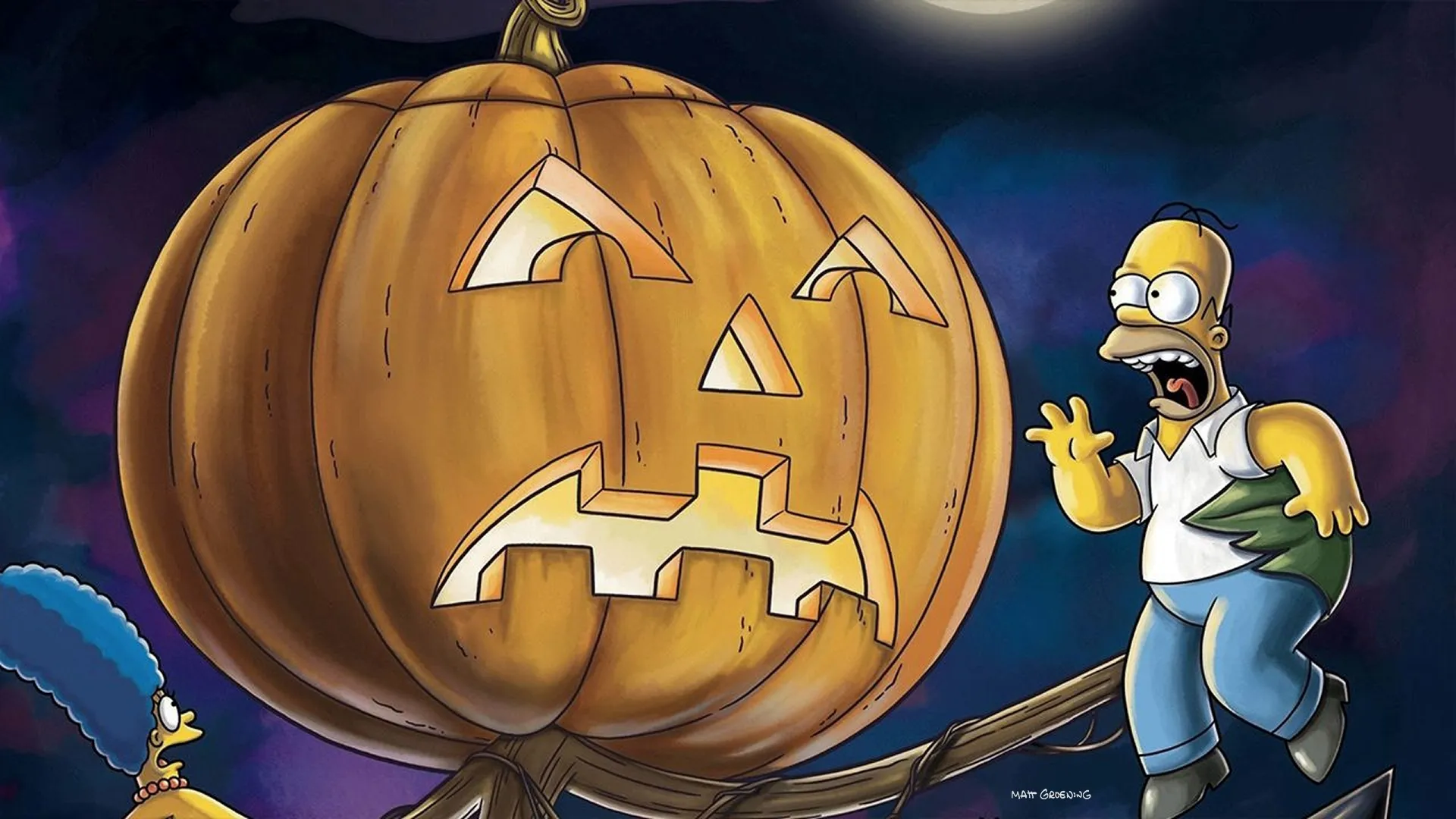 Homer Simpson is scared by a giant pumpkin.