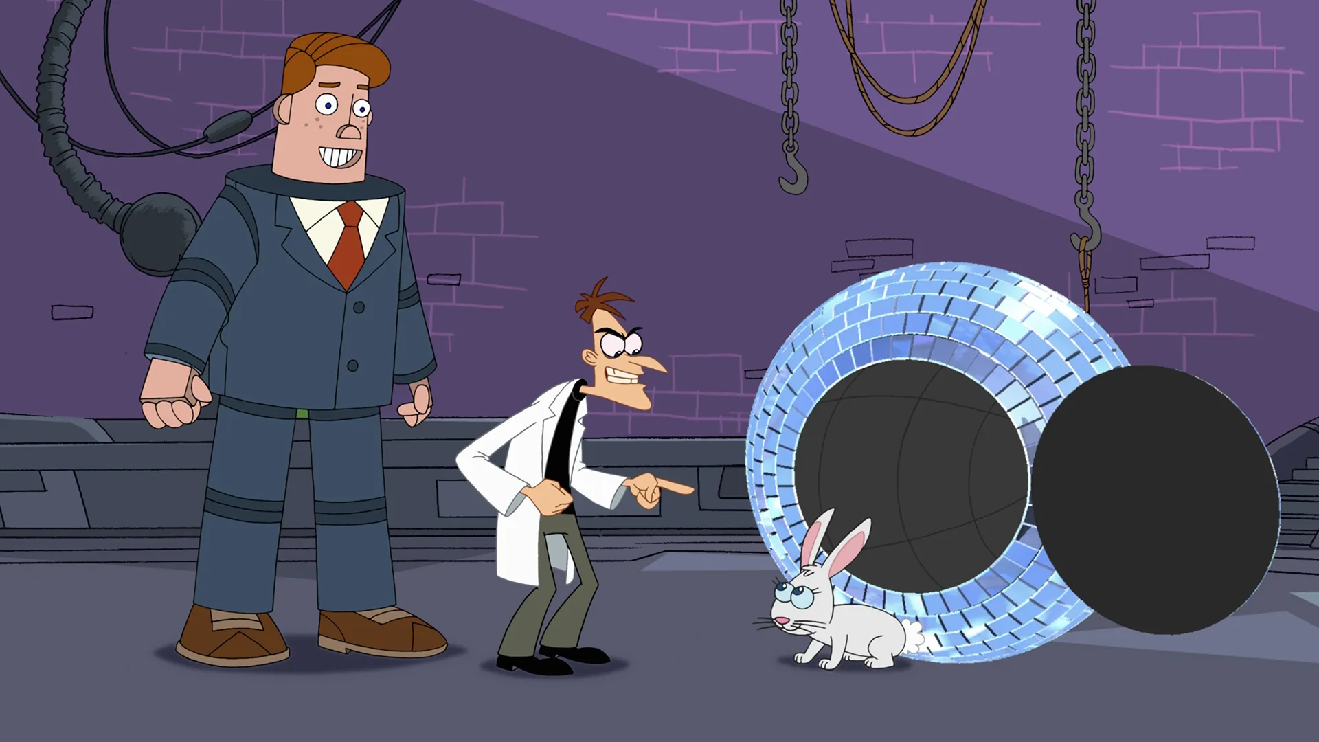 Dr. Doofenshmirtz (voiced by Dan Povenmire) points at a rabbit by a giant disco ball, next to Norm (voiced by John Viener), a giant humanoid robot