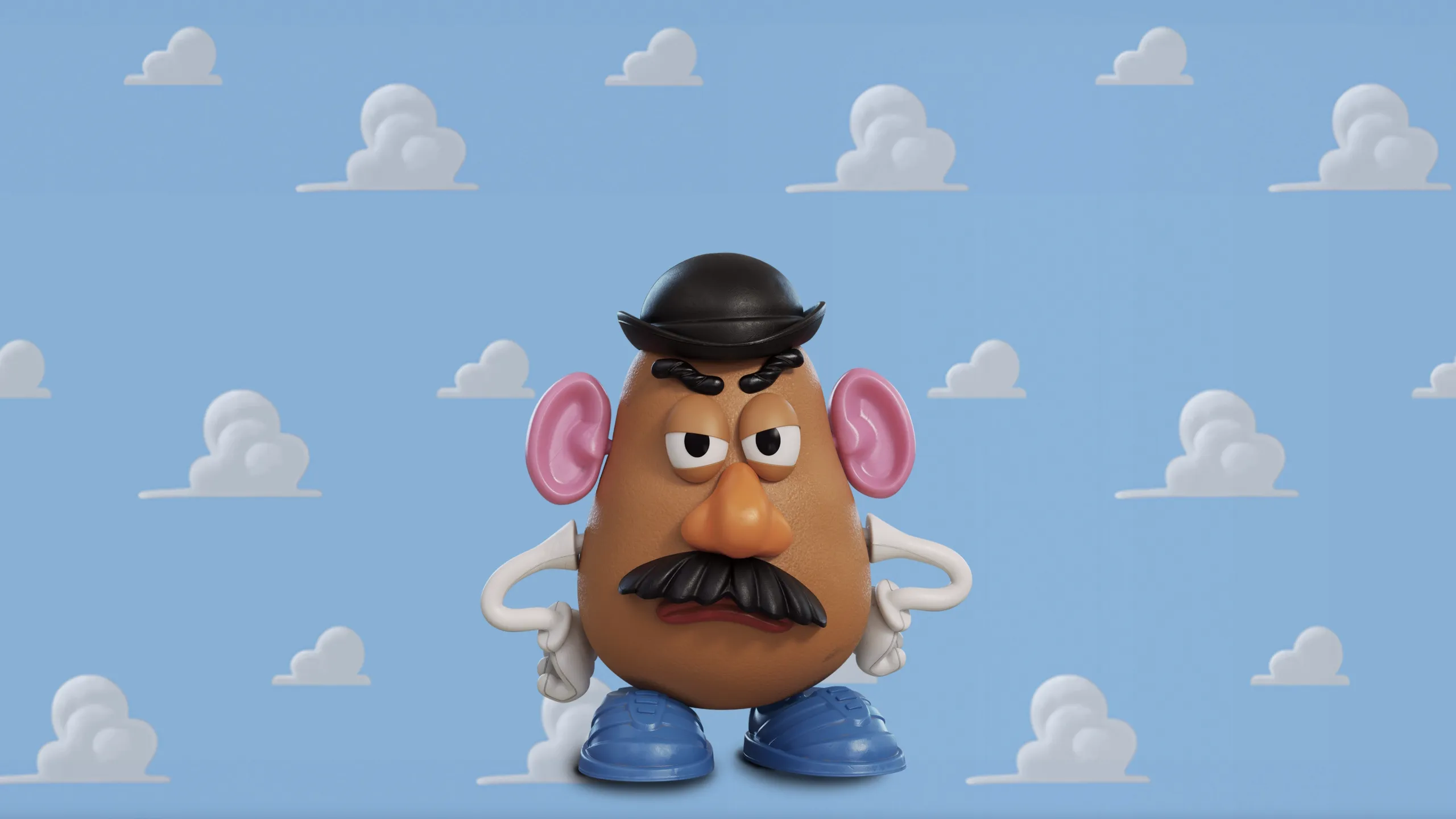 A Mr. Potato Head doll looking grumpily at the camera with his hands on his hips