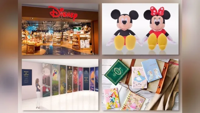 Disney関連の商品や体験を紹介するコラージュ画像。左上にDisneyストアの店内、右上にミッキーマウスとミニーマウスのぬいぐるみ、左下にDisney作品のアート展示を鑑賞する人物、右下にプリンセスをデザインしたノートや手帳などの文房具が配置されている。Disneyキャラクターグッズやアート展示など、さまざまなDisney体験を表現したイメージ。