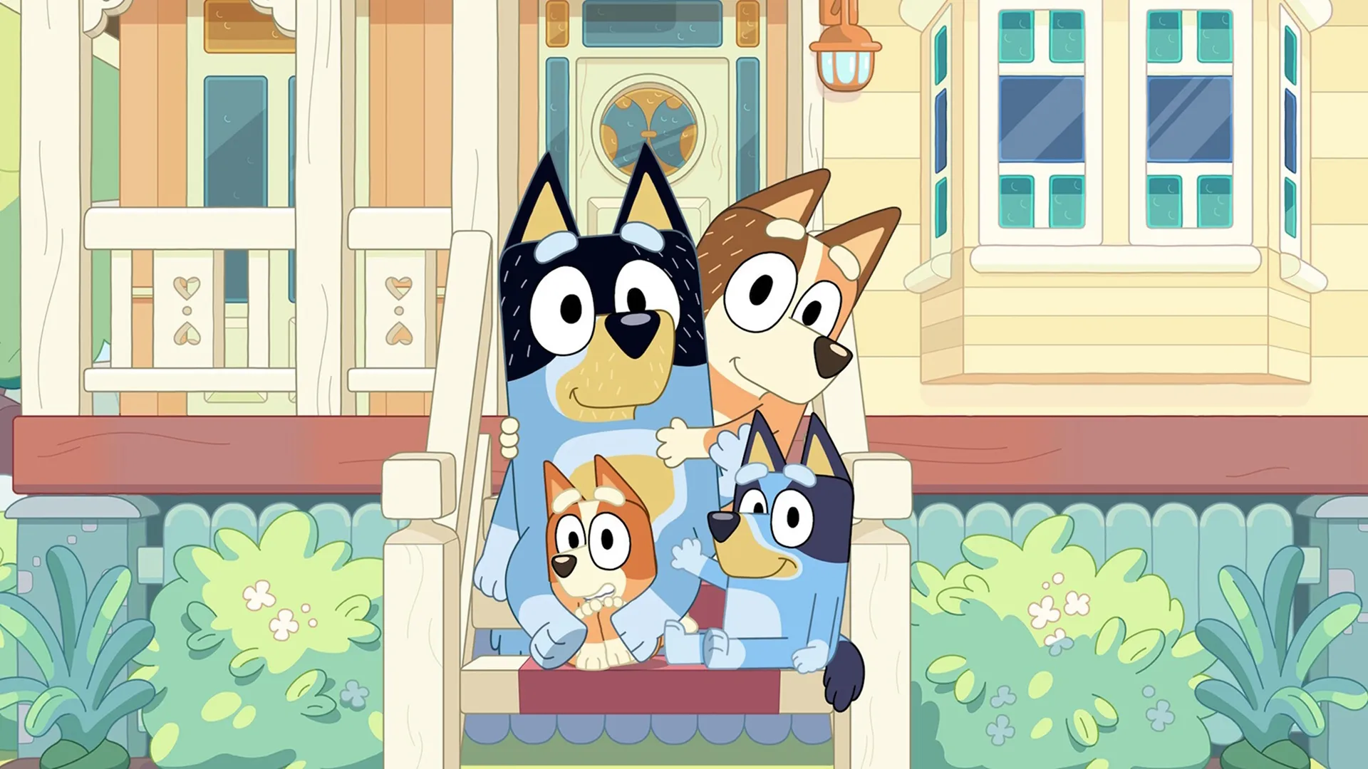 The Bluey family sit together on the porch.
