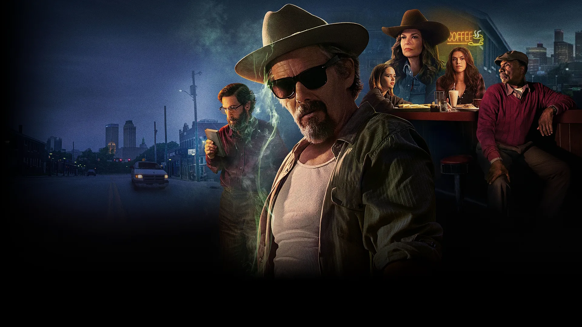 Ethan Hawke as Lee Raybon with the cast of FX’s The Lowdown