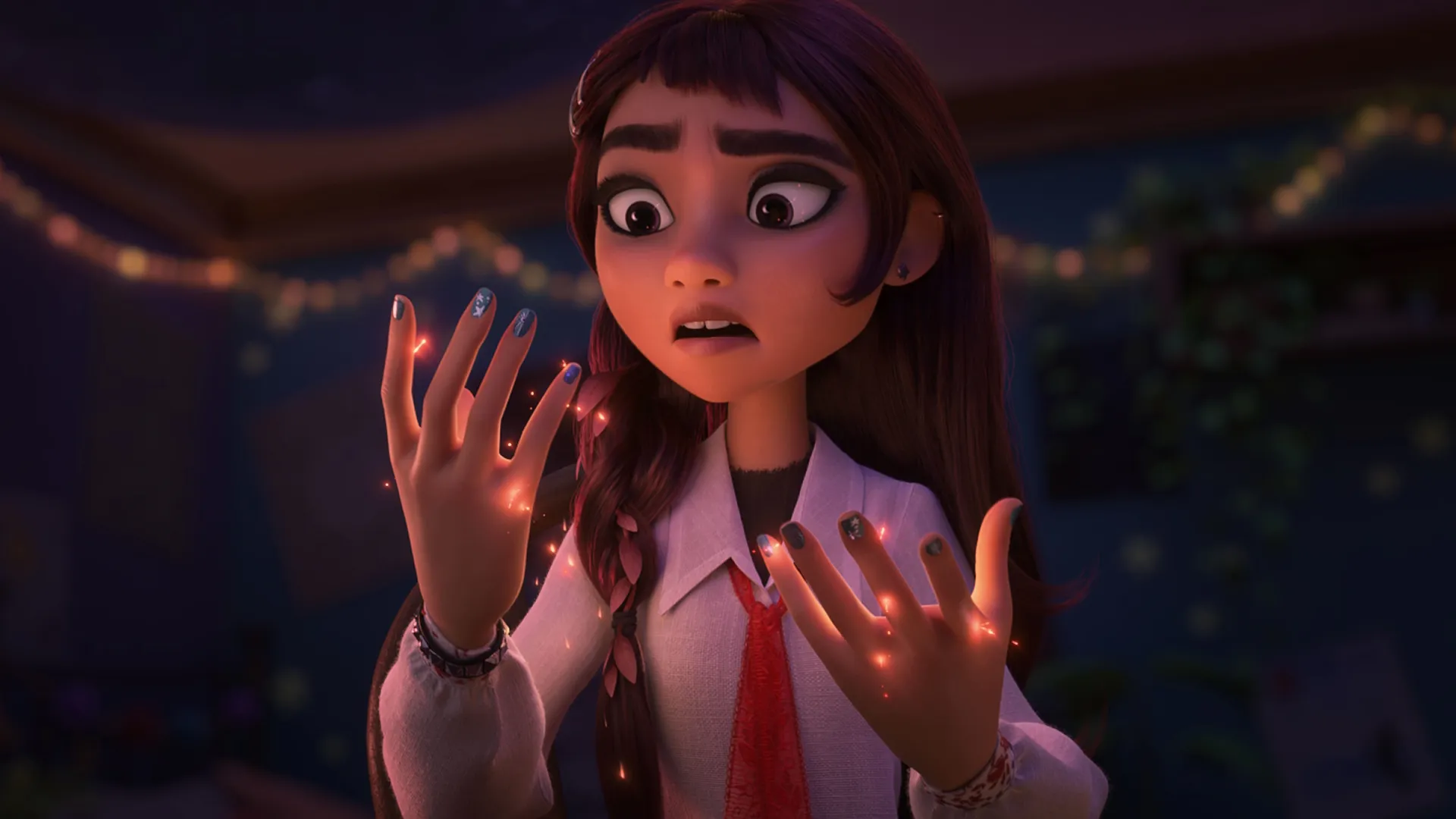 Billie, an animated teen, looks down at her hands as they start to sparkle with magic