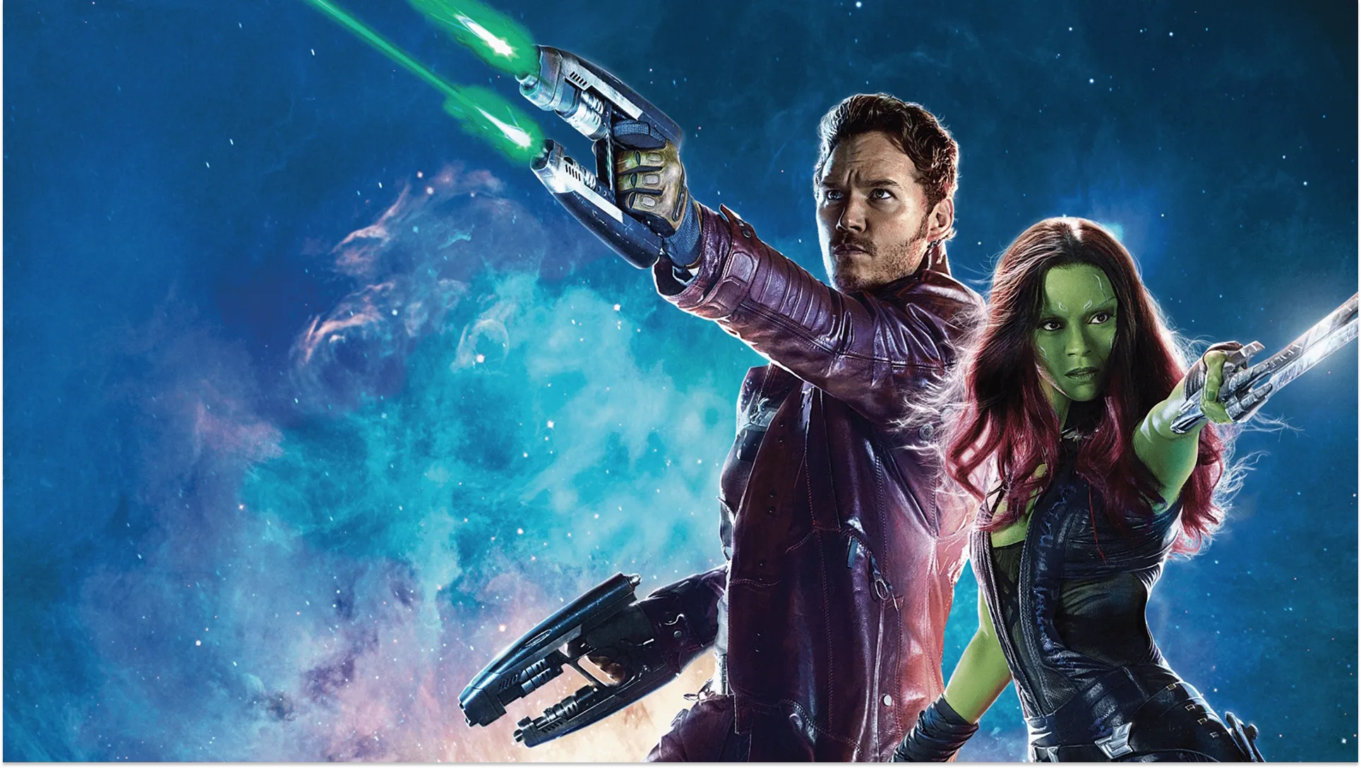 Gamora (Zoe Saldana) looking at Peter Quill (Chris Pratt) in Guardians of the Galaxy.