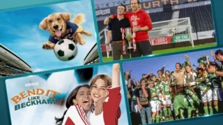 A four-quadrant collage of soccer-themed media showing The Big Green, Welcome to Wrexham, Bend It Like Beckham, and Air Bud: World Pup.