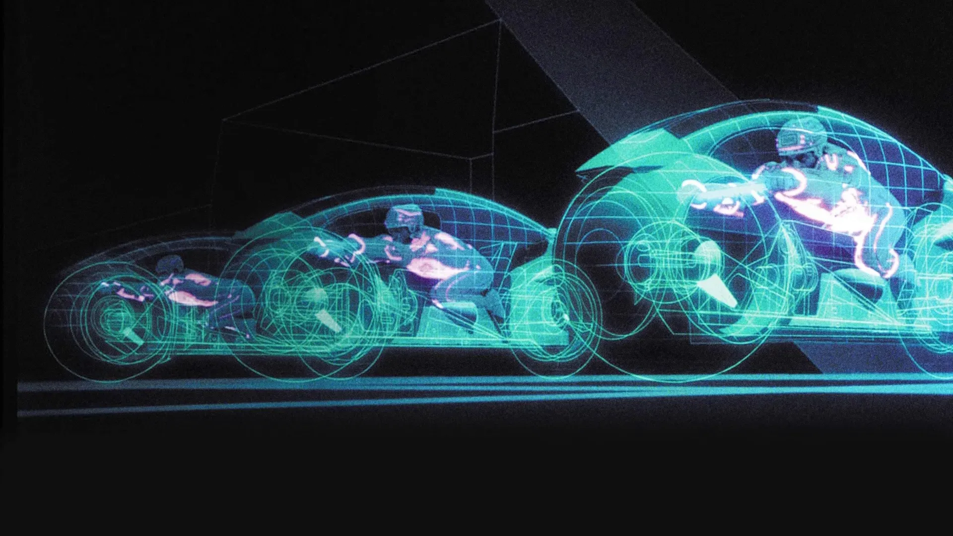 Kevin Flynn riding a lightcycle in the Grid alongside security prorgam Tron.