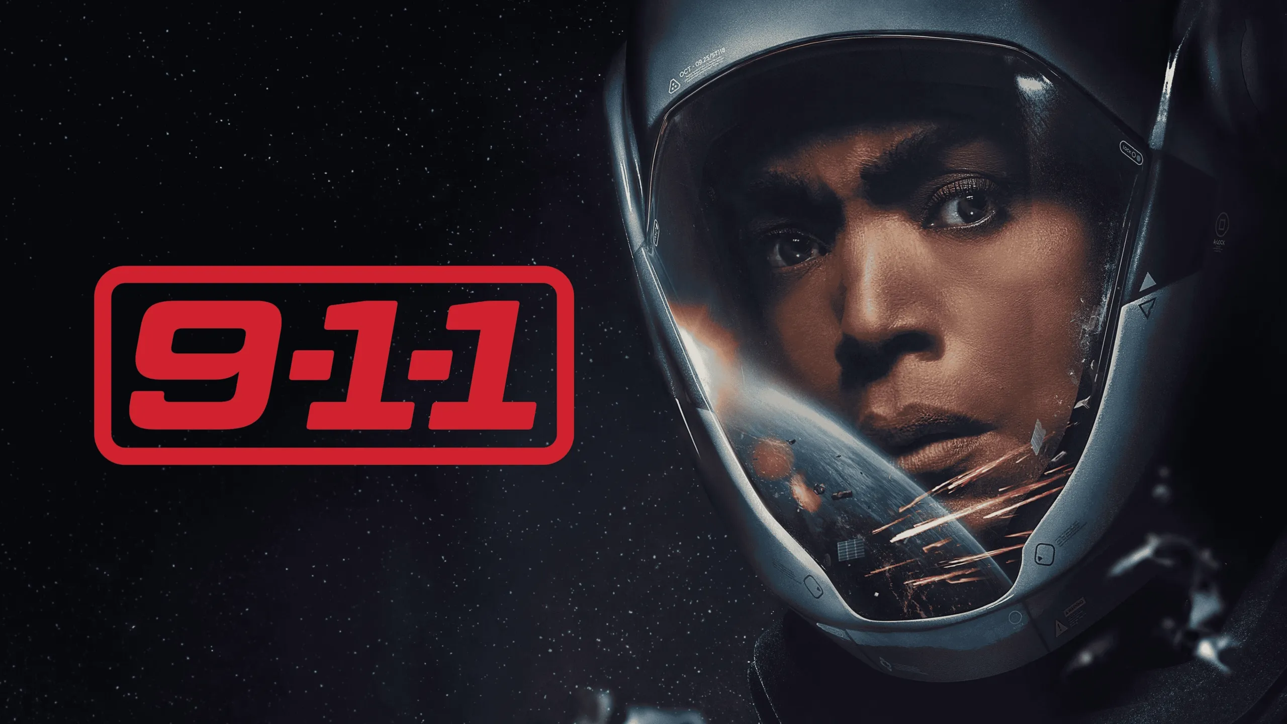 A promotional poster for the TV show "9-1-1" featuring a close-up of actress Angela Bassett wearing a futuristic space helmet, with Earth and debris reflecting in her visor against a starry background.