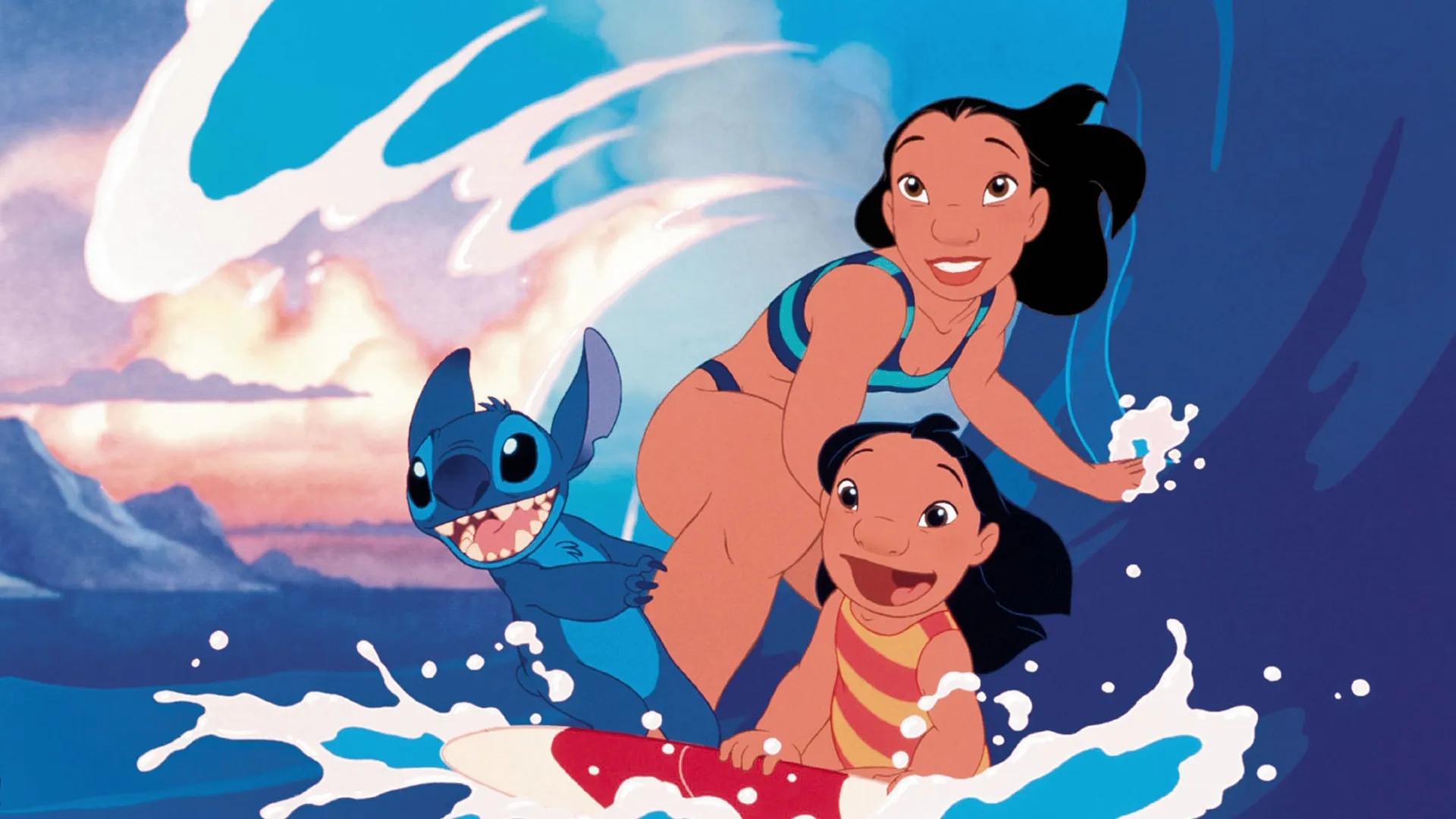 Lilo, Nani, and Stitch surfing a wave together