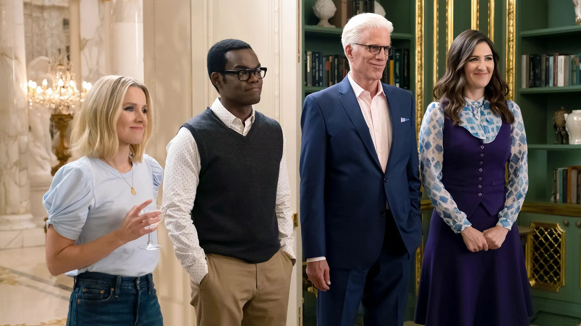 This image features the main cast of the NBC comedy series The Good Place