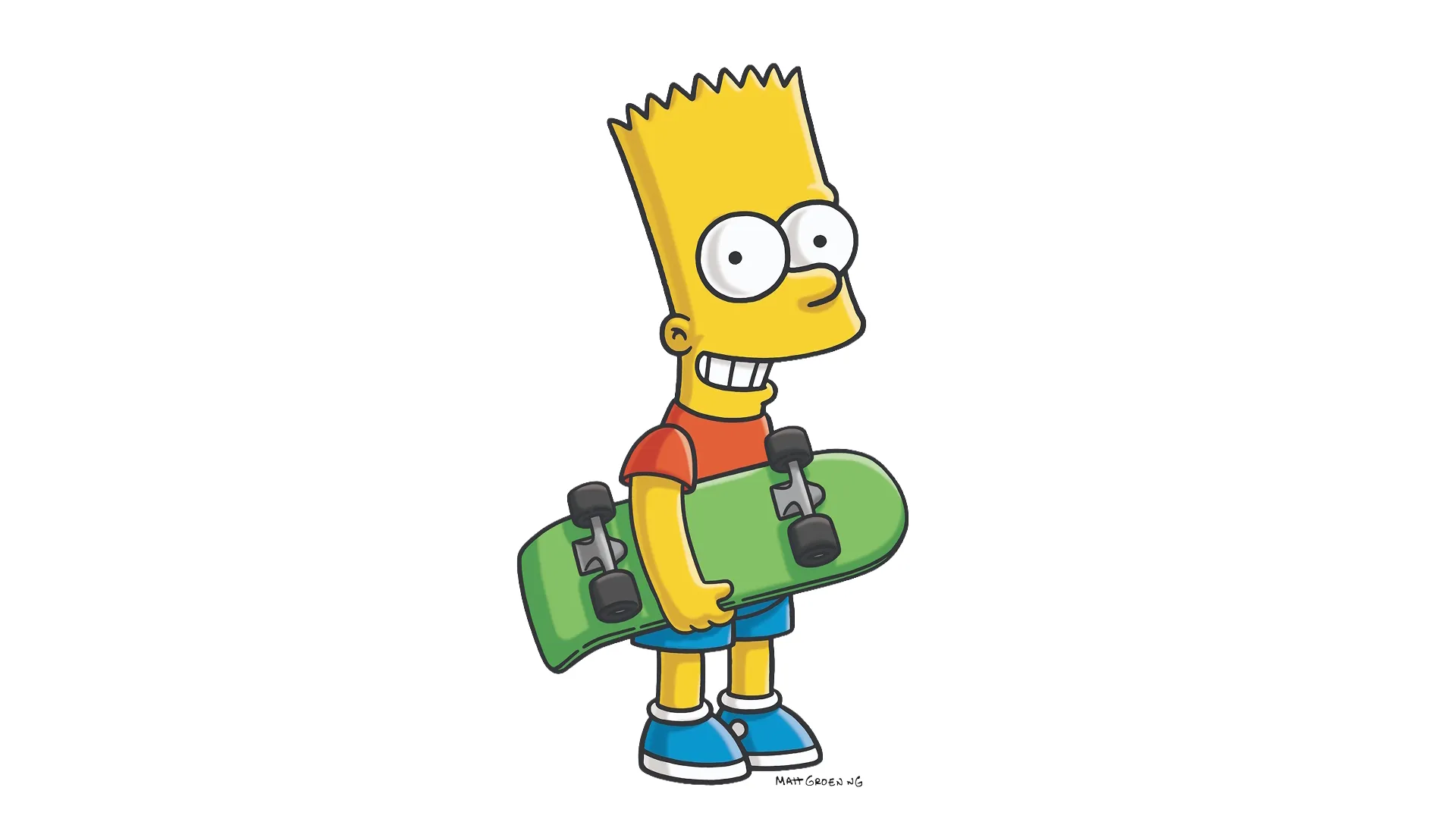 This character is Bart Simpson from the animated series The Simpsons. He is shown holding his signature green skateboard.