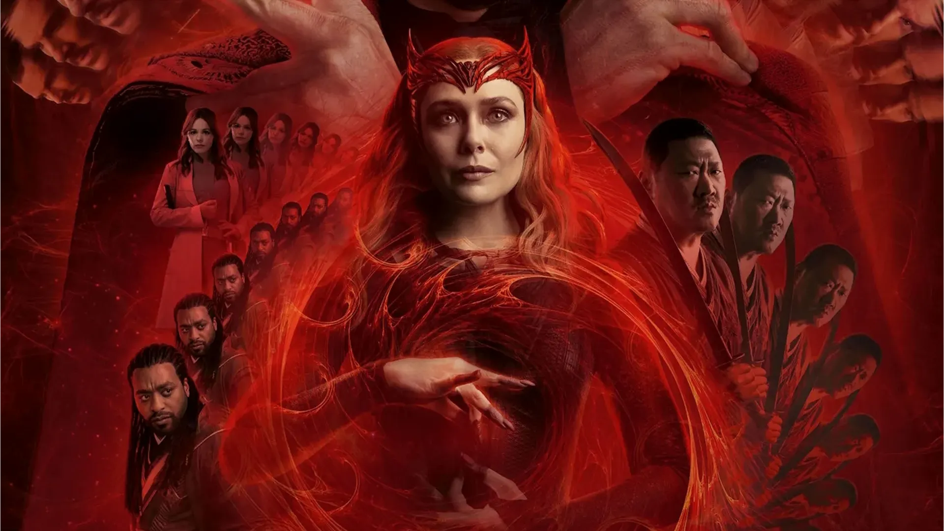 Wanda Maximoff, The Scarlet Witch (Elizabeth Olsen) prepares to use her powers, with other characters appearing warped in the background.