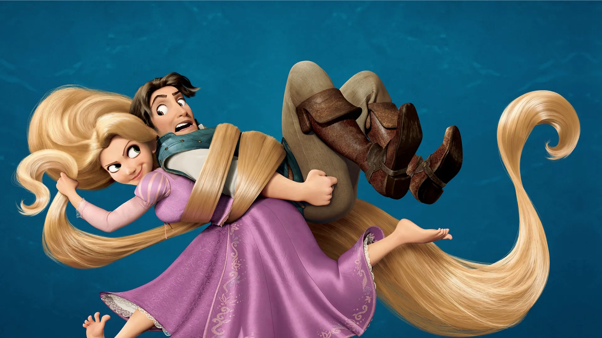 Rapunzel uses her magical hair to tie up the bandit Flynn Rider in Tangled (2010)