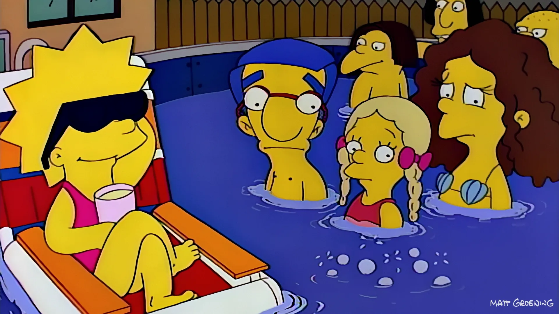 The scene features main characters including Lisa Simpson lounging in a pool chair and Milhouse Van Houten in the water.
