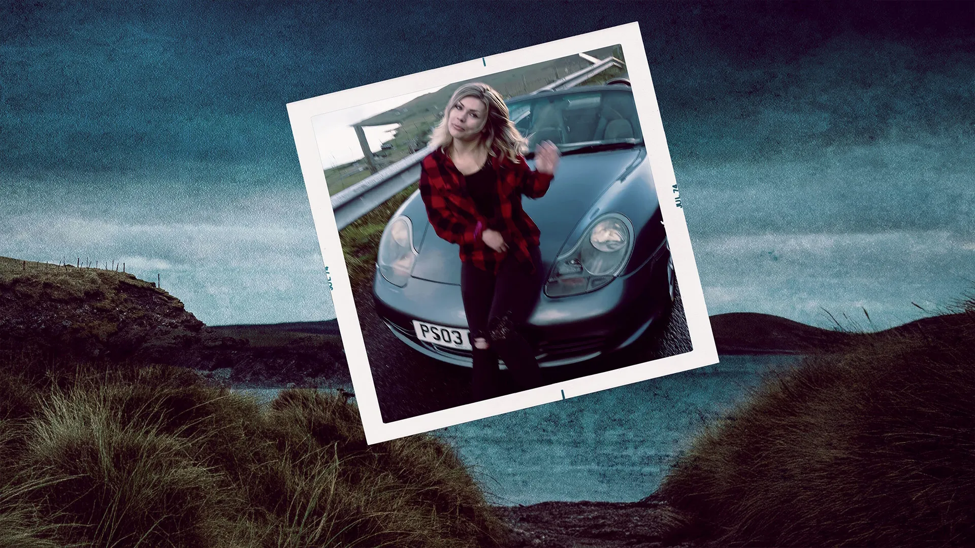 Key art for Trial By Murder featuring a photograph of a woman standing beside a sports car, framed against a moorland landscape.