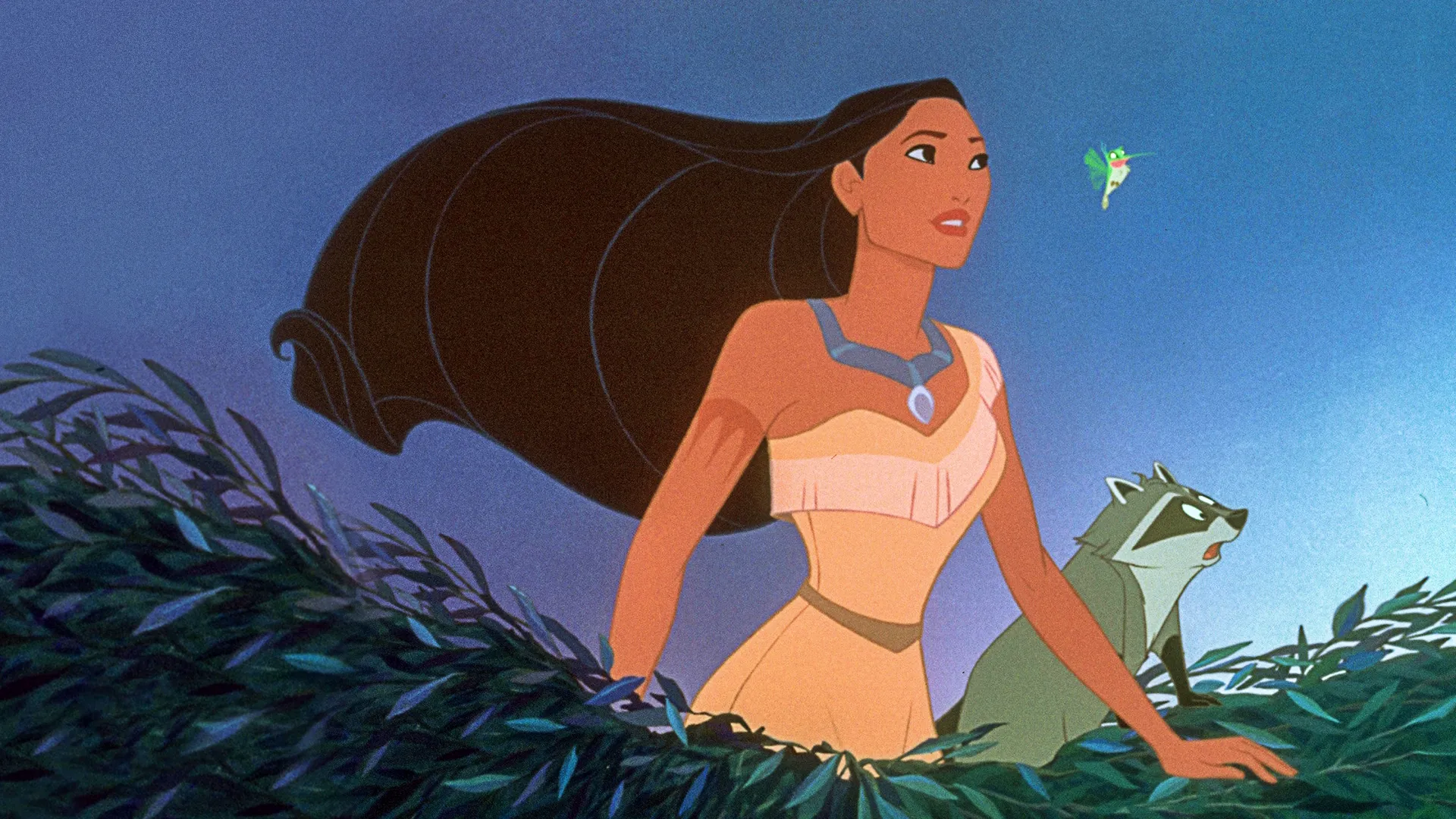 Pocahontas, accompanied by her companions, Meeko the raccoon and Flit the hummingbird