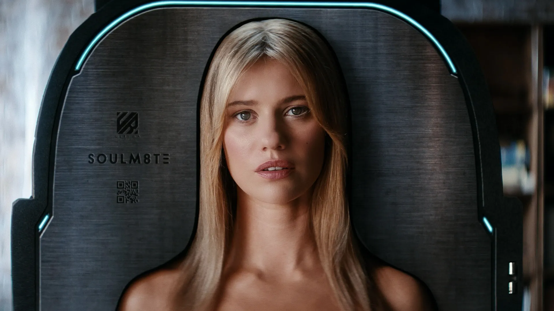 Lily Sullivan as the artificial intelligence android from the sci-fi tech thriller Soulm8te.