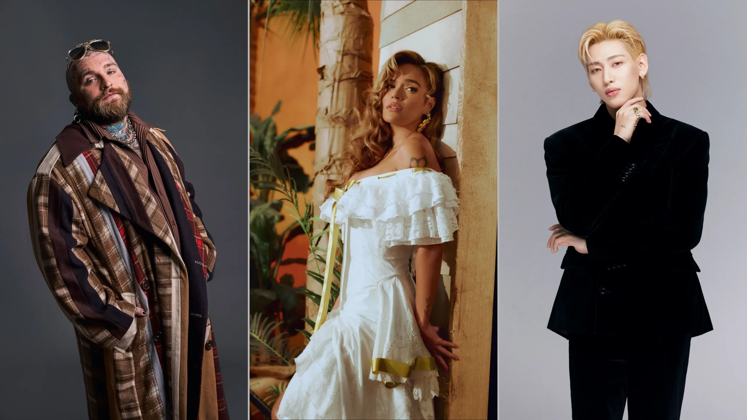 Portraits of Teddy Swims, Karol G, and BamBam.