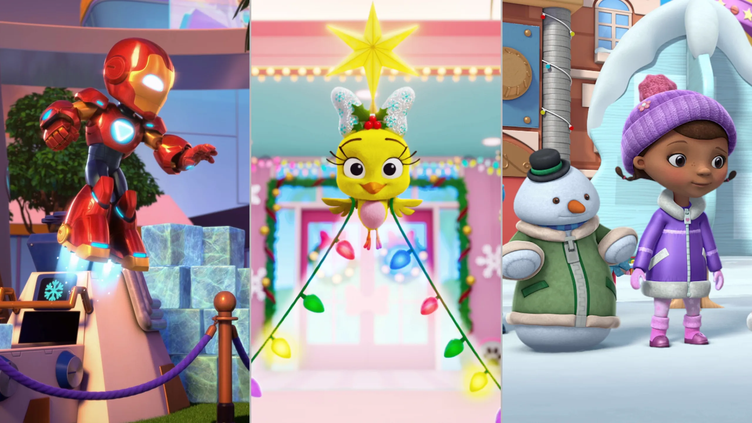 A collage featuring Iron Man, Cuckoo-Loca, and Doc McStuffins