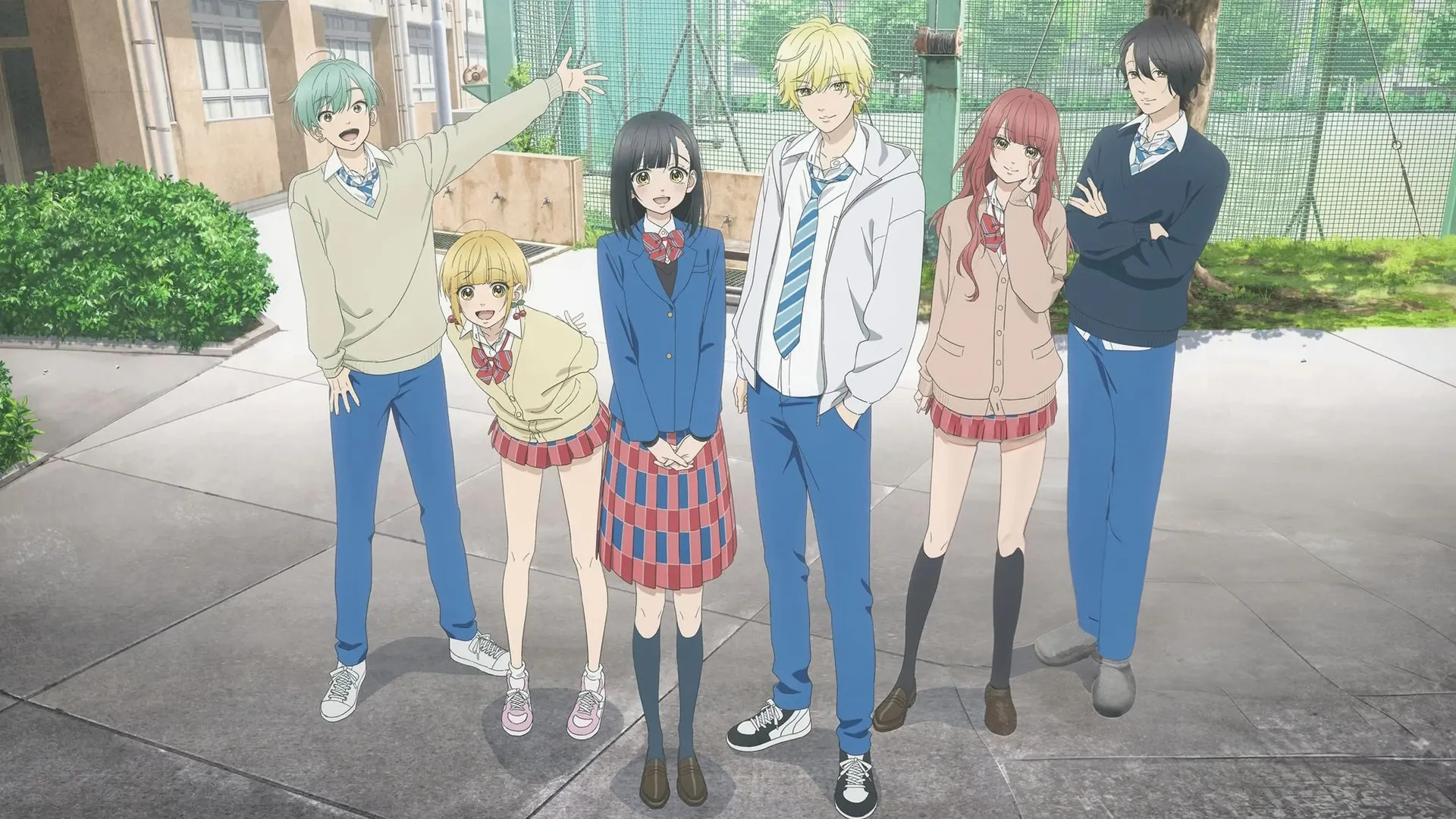 An official promotional key art graphic for the anime adaptation of Honey Lemon Soda, featuring six main high school characters standing together on an outdoor campus pavement against a green sports fence backdrop.