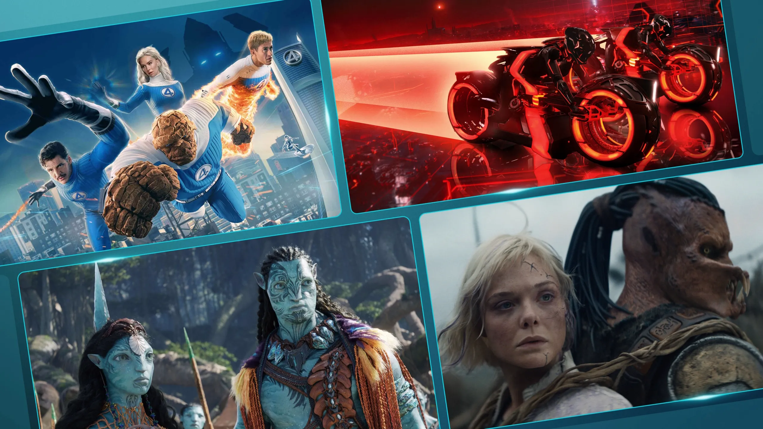 Multi IP Hero Image featuring Tron: Ares, Fantastic Four: First Steps, Avatar: Fire and Ash and Predator: Badlands