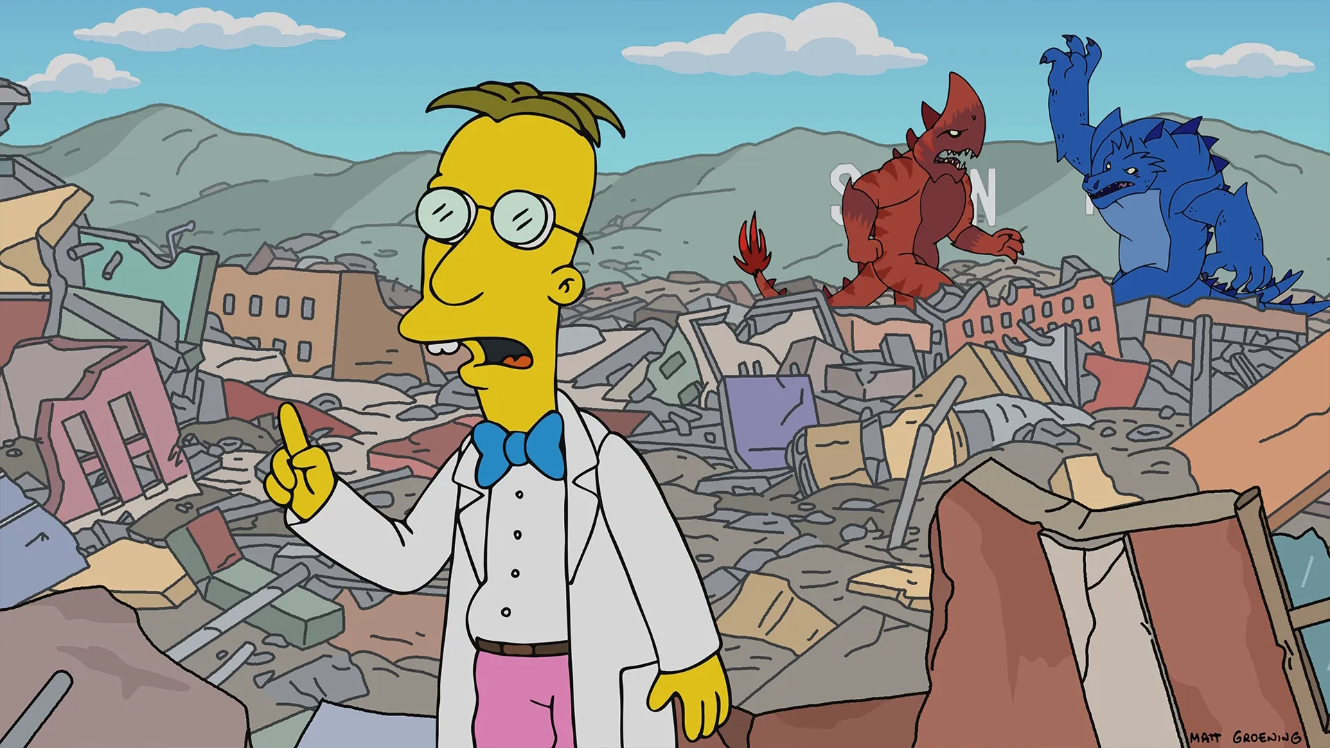 Professor Frink stands in front of a completely ruined, debris-filled Springfield, pointing up as a spiky red kaiju monster and a horned blue kaiju monster battle in the background.