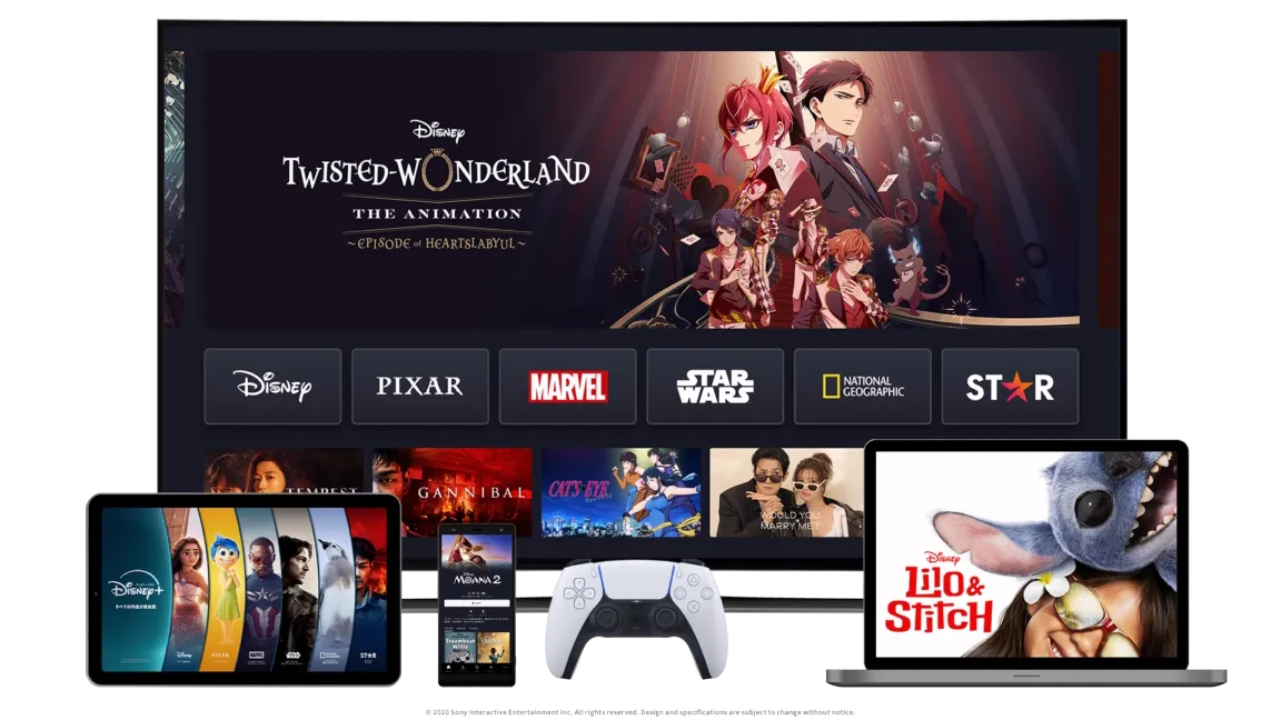 4 Devices showcasing the Disney+ product on TV, Mobile, Laptop, and Tablet