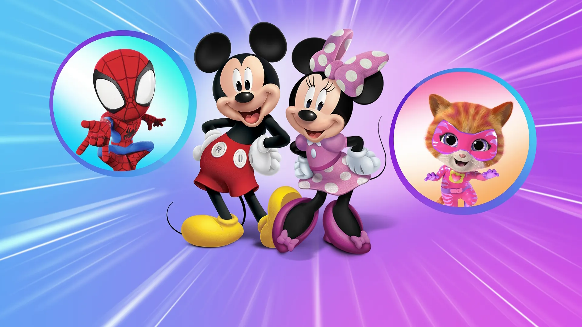 This digital artwork features Disney characters Minnie Mouse and Mickey Mouse alongside Spidey and a SuperKitty.
