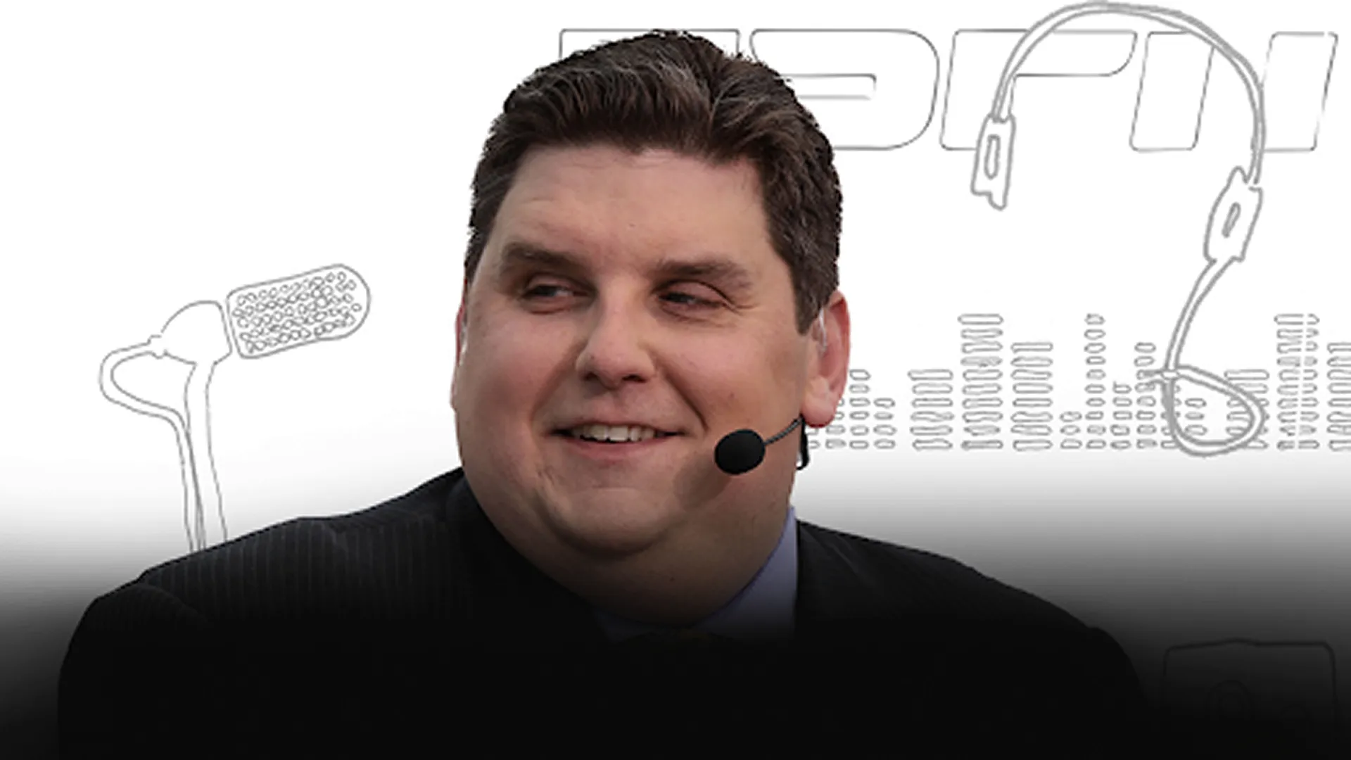 Promotional graphic for Brian Windhorst & The Hoop Collective podcast, featuring host Brian Windhorst smiling against a white background with line art illustrations of audio equipment.