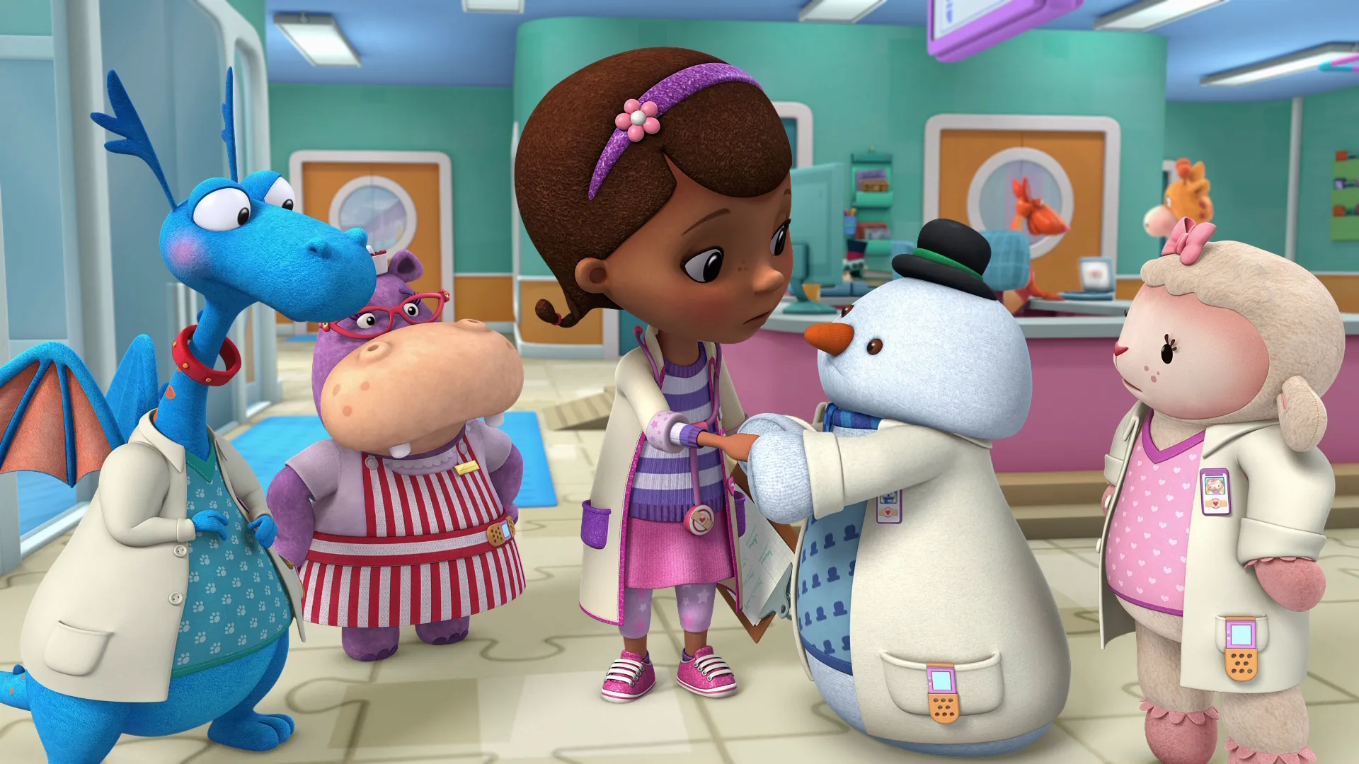 Doc McStuffins in her clinic with several toys.