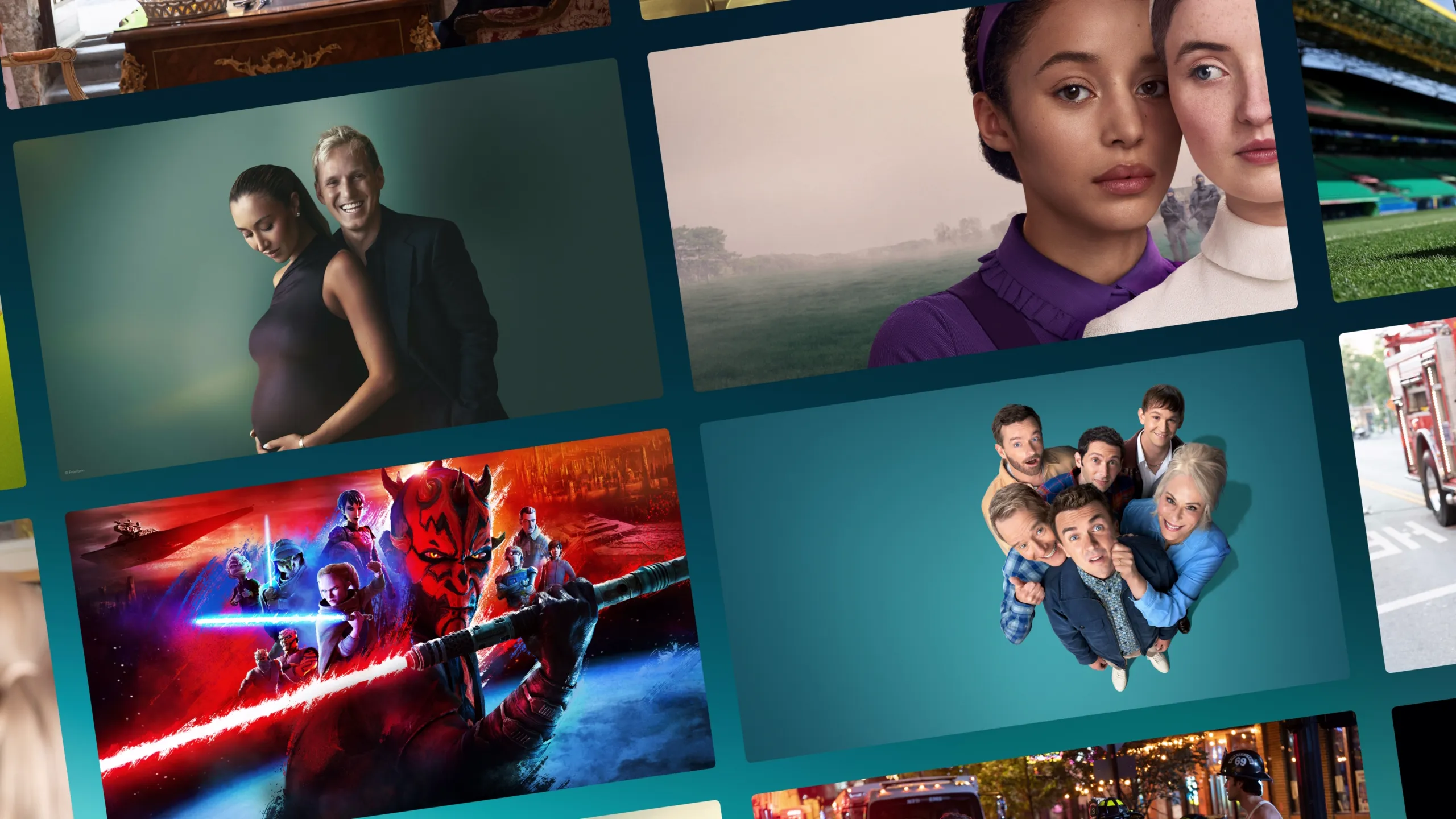 Collage showcasing new and upcoming titles on Disney+ UK.