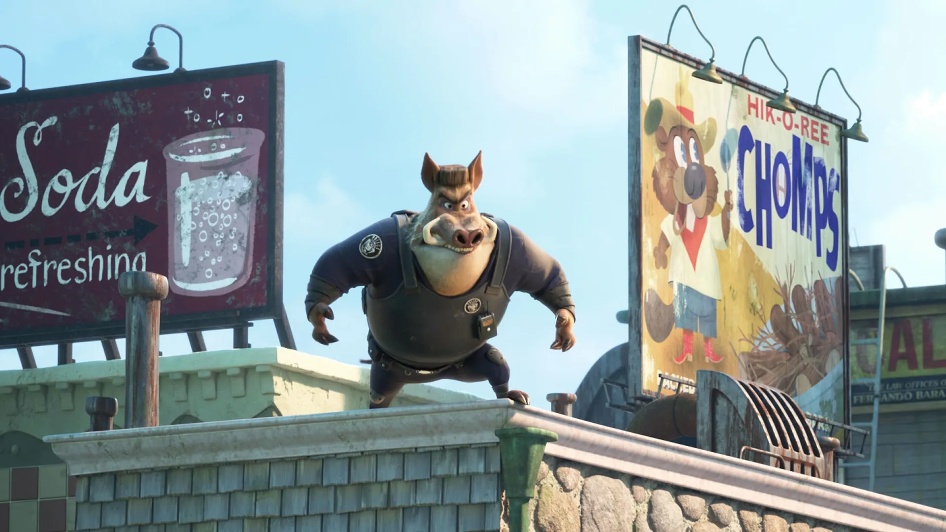 This scene is from the 2025 animated film Zootopia 2. The character shown is Truffler, a razorback who serves as the meathead partner to Captain Hoggbottom. 