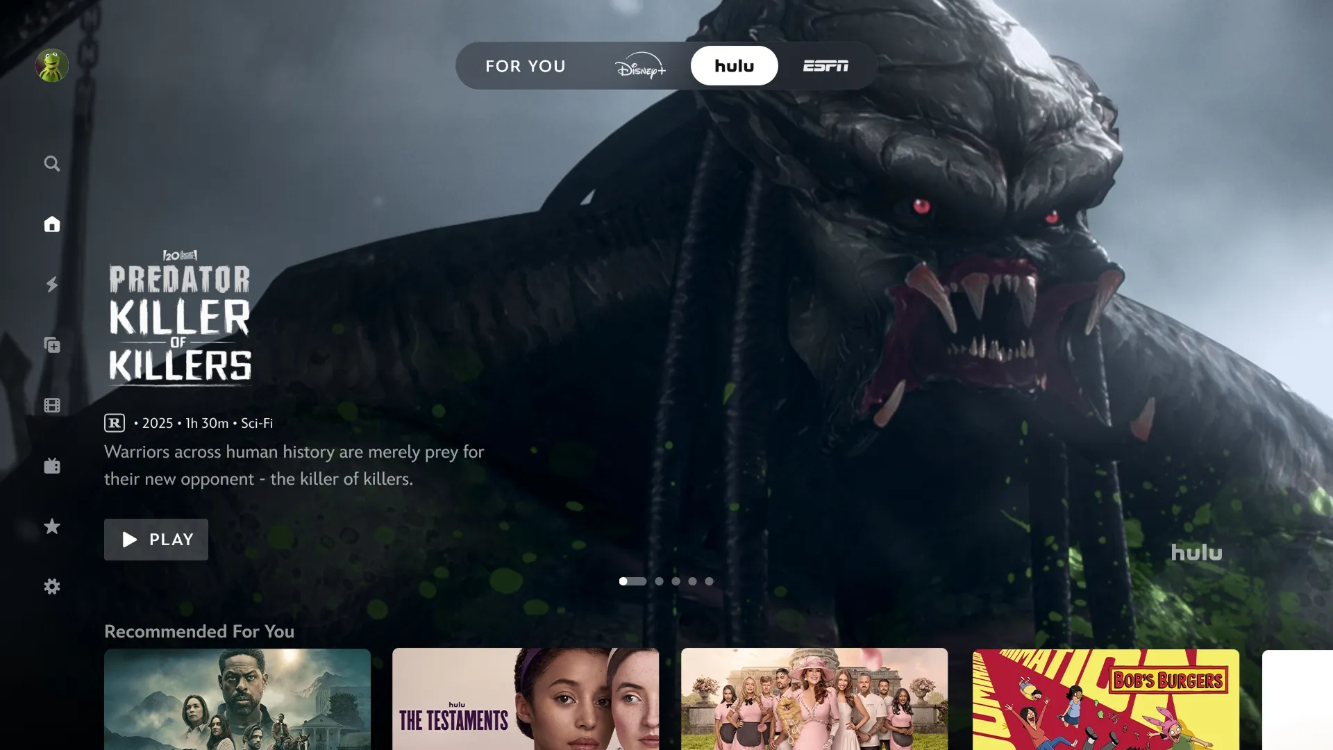 Disney+ home screen filtered to Hulu content, showcasing Predator: Killer of Killers.