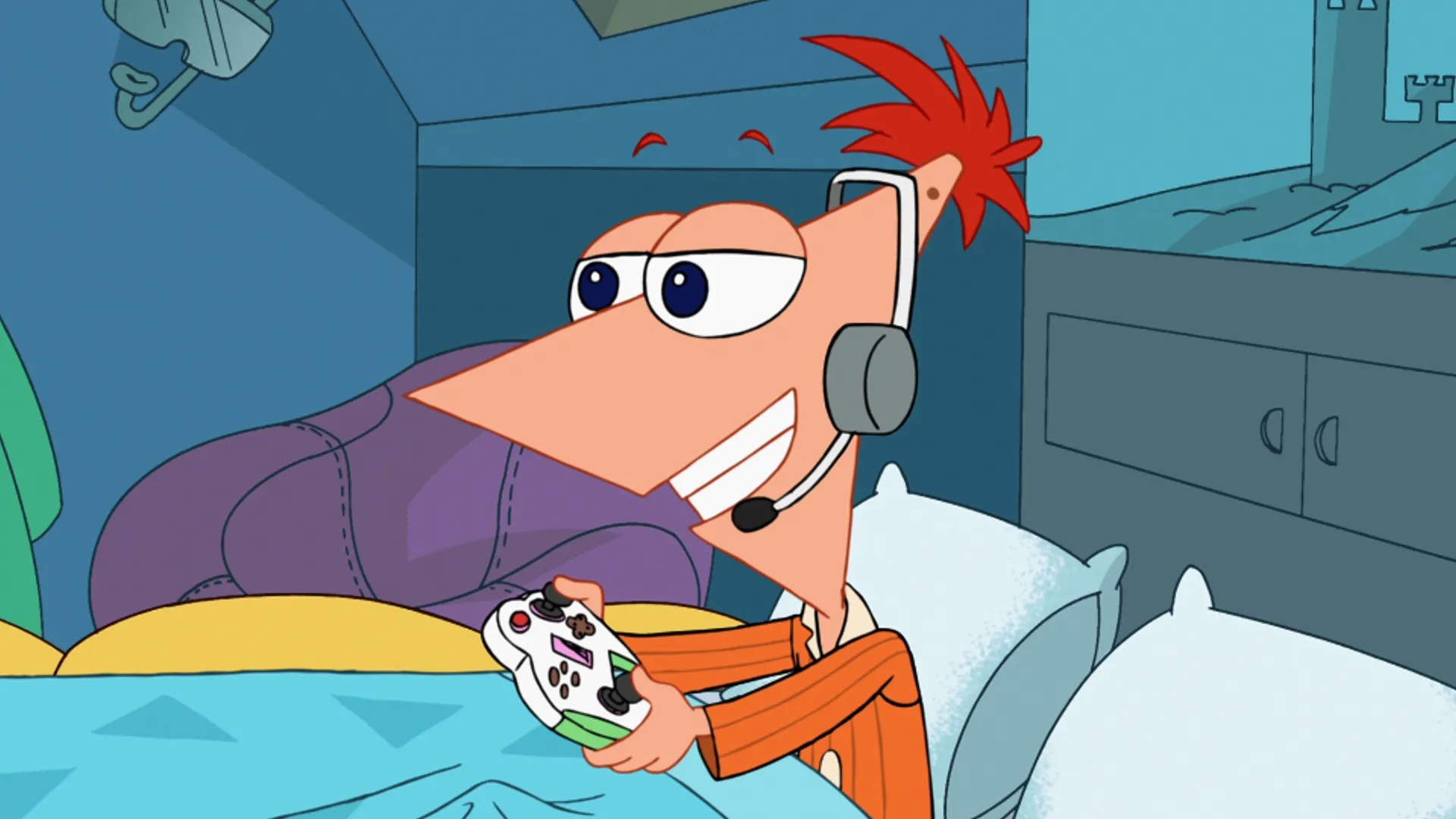 Phineas (voiced by Vincent Martella) in bed with a headset and a game controller