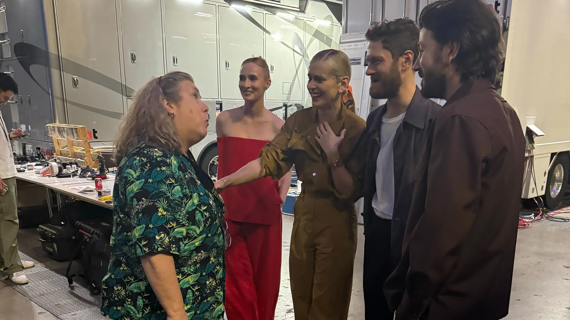 Sweepstake winner talking with Andor cast members, Denise Gough, Genevieve O'Reilly, Kyle Soller and Diego Luna.