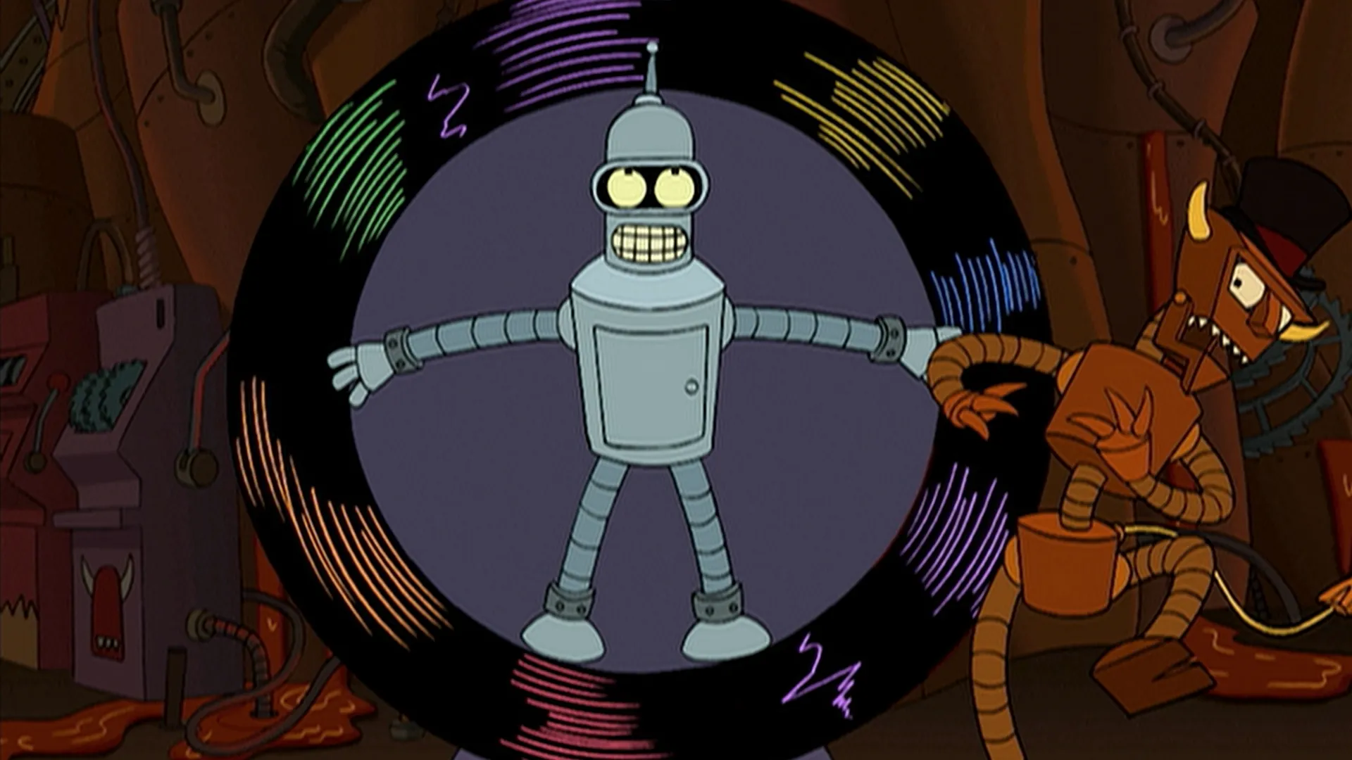 Bender (John DiMaggio) is strapped to a spinning wheel while Robot Devil (Dan Castellaneta) operates machinery beside him in Robot Hell.