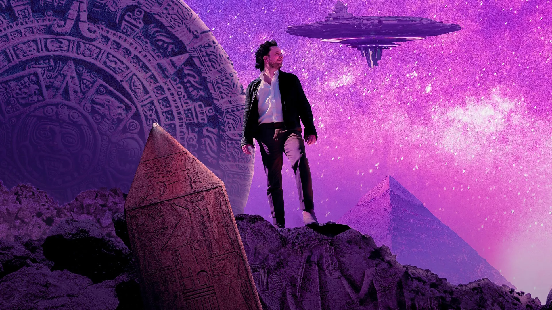 Key art from Ancient Aliens: Origins featuring a variety of famous ancient monuments such as pyramids.