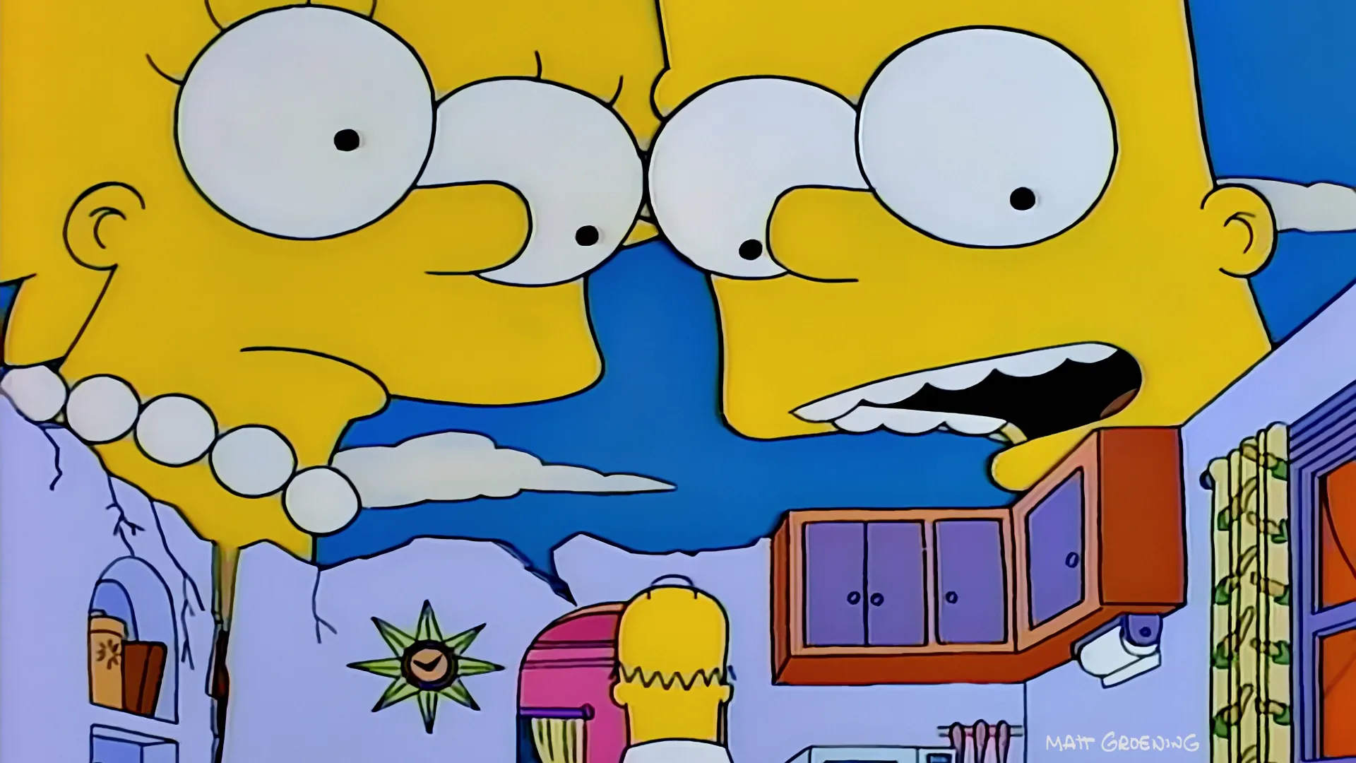 A giant Lisa and Bart Simpson peer down through a massive hole in the ceiling at Homer Simpson, who stands looking up from the kitchen below.