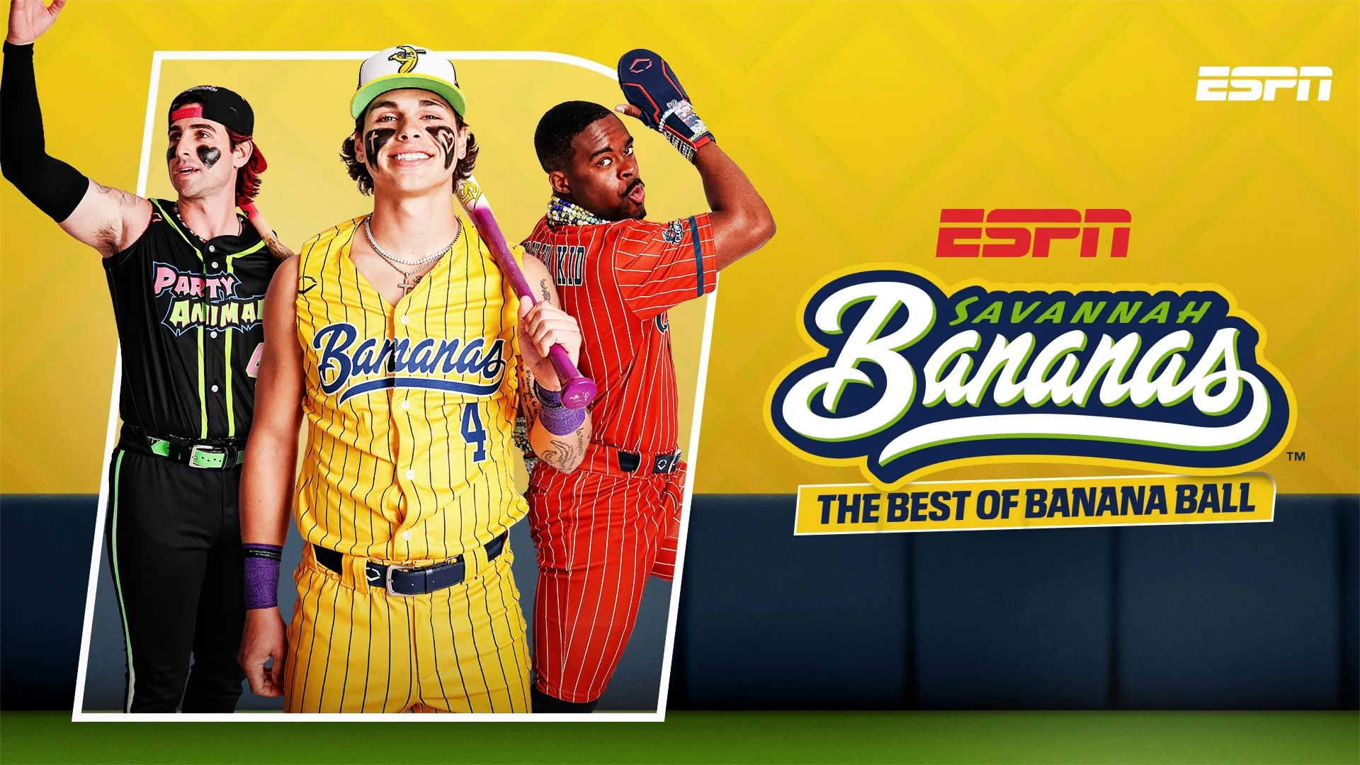 This image shows the Savannah Bananas professional baseball team, known for their entertaining, high-energy style called Banana Ball.