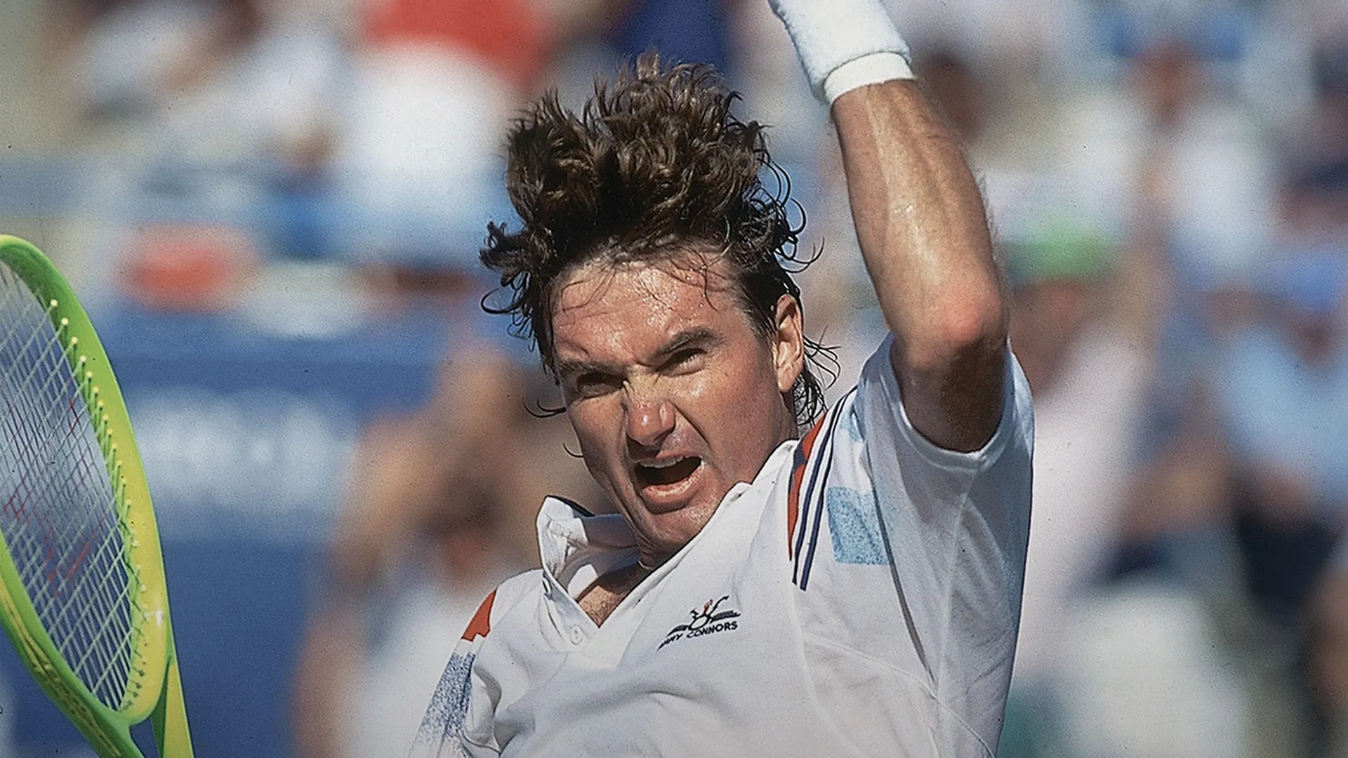 This image depicts Jimmy Connors during a dramatic moment at the 1991 US Open.