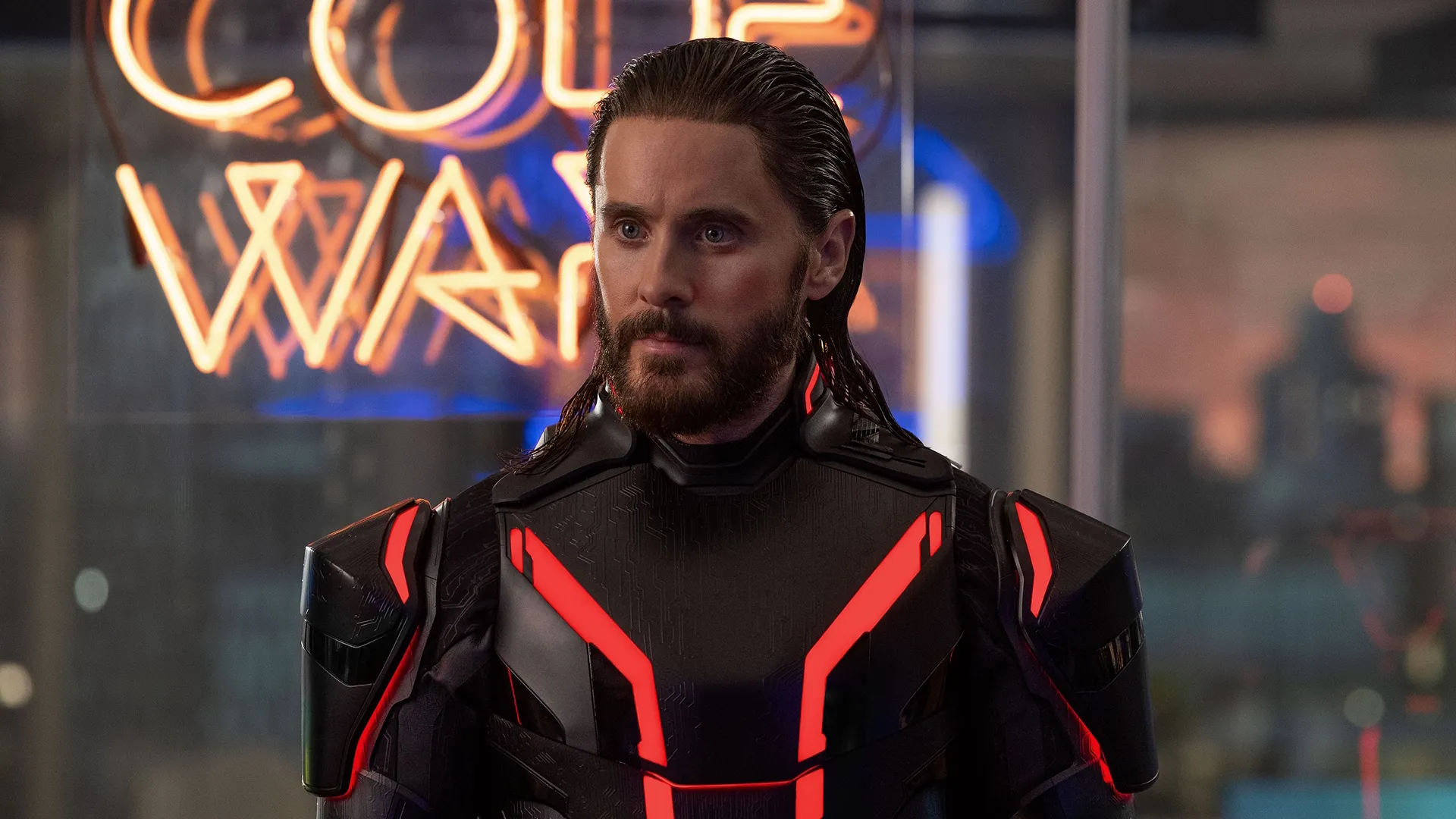 Jared Leto as Ares, the super intelligent program dispatched into the real world, marking humanity’s first encounter with artificial-intelligence beings on a public scale in Tron: Ares.