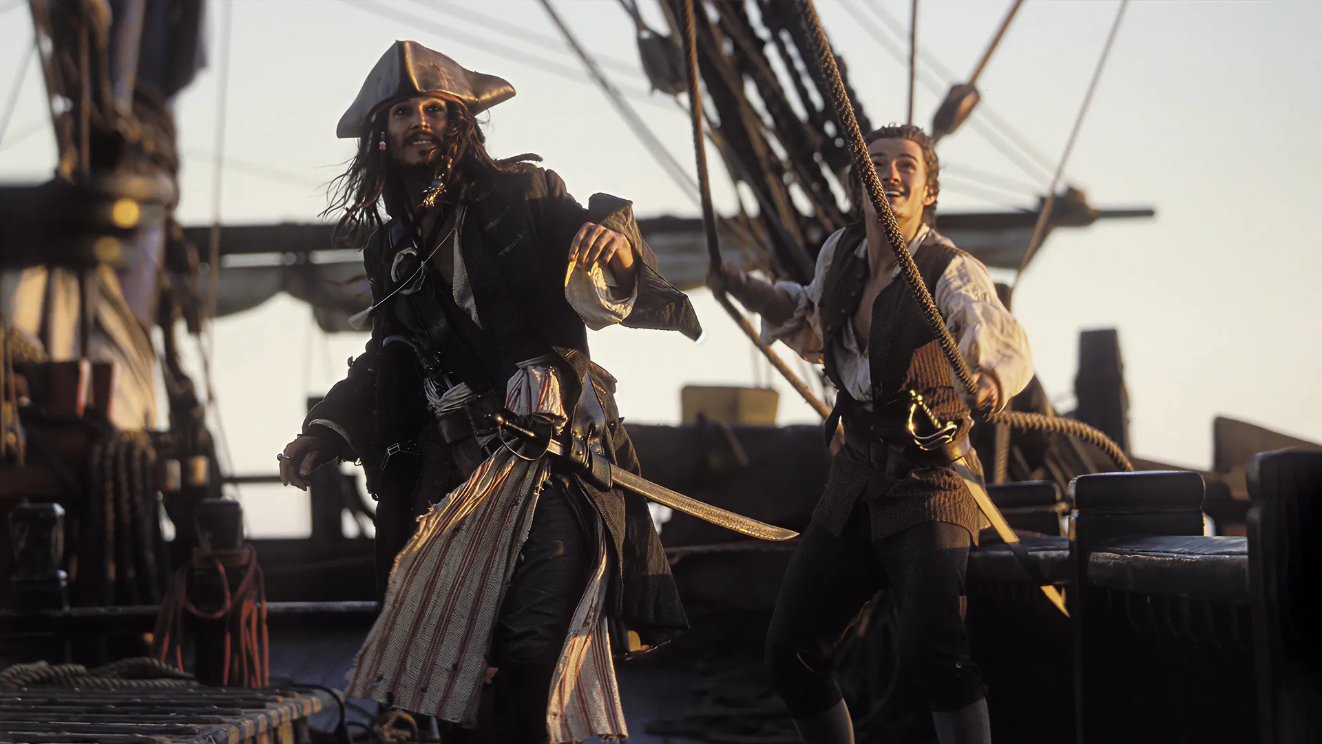 Captian Jack Sparrow (Johnny Depp) and Will Turner (Orlando Bloom) in Pirates of the Caribbean: The Curse of the Black Pearl