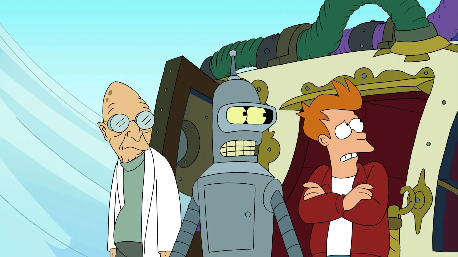 Professor Farnsworth (Billy West), Bender (John DiMaggio), and Fry (Billy West) stand in front of an ornate machine and look warily to the side.