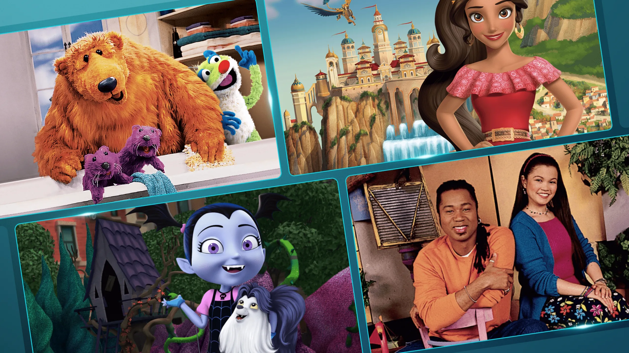 Collage of images showcasing Disney Junior shows Bear in the Big Blue House, Elena of Avalor, Vampirina, and Out of the Box
