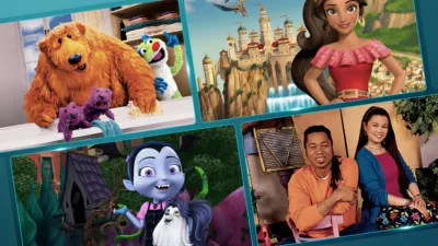 Collage of images showcasing Disney Junior shows Bear in the Big Blue House, Elena of Avalor, Vampirina, and Out of the Box