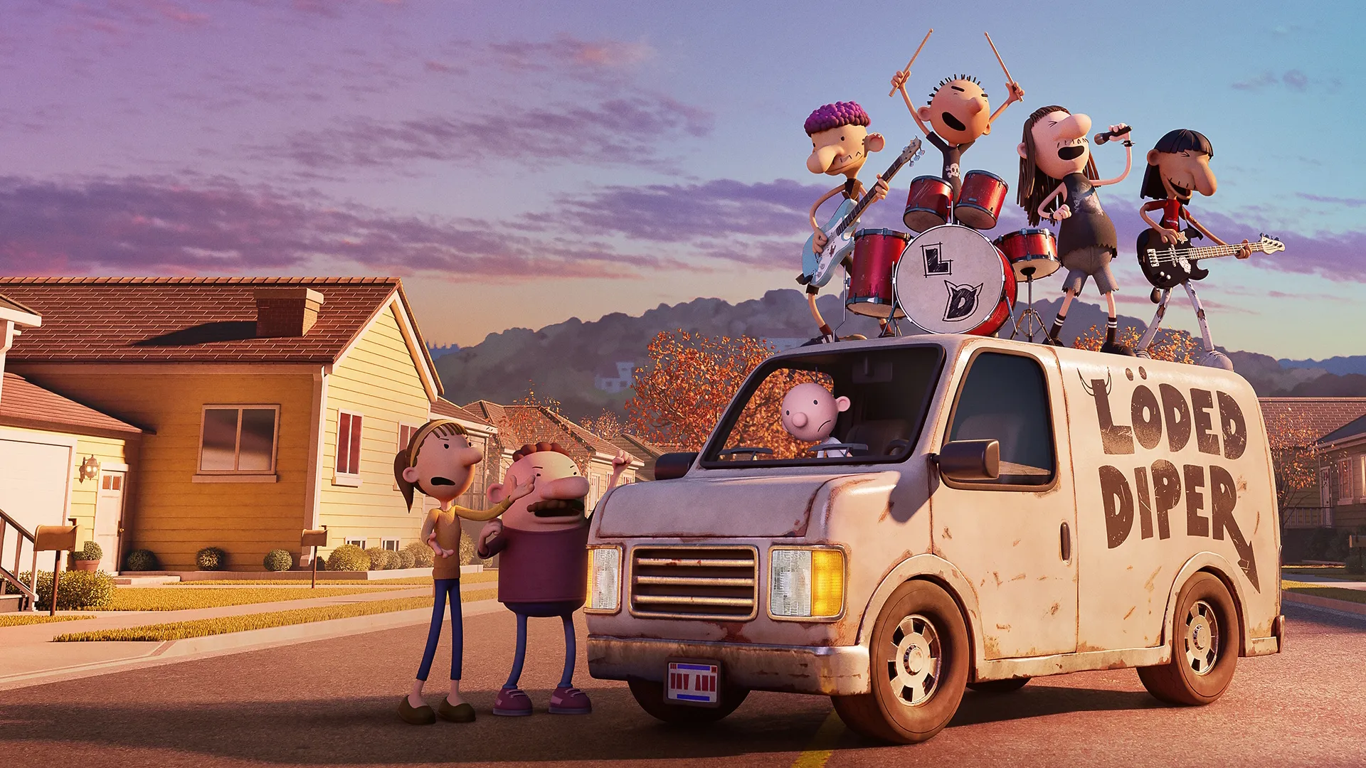 Rodrick and his band play on top of the van with "Loded Diper" on the side.