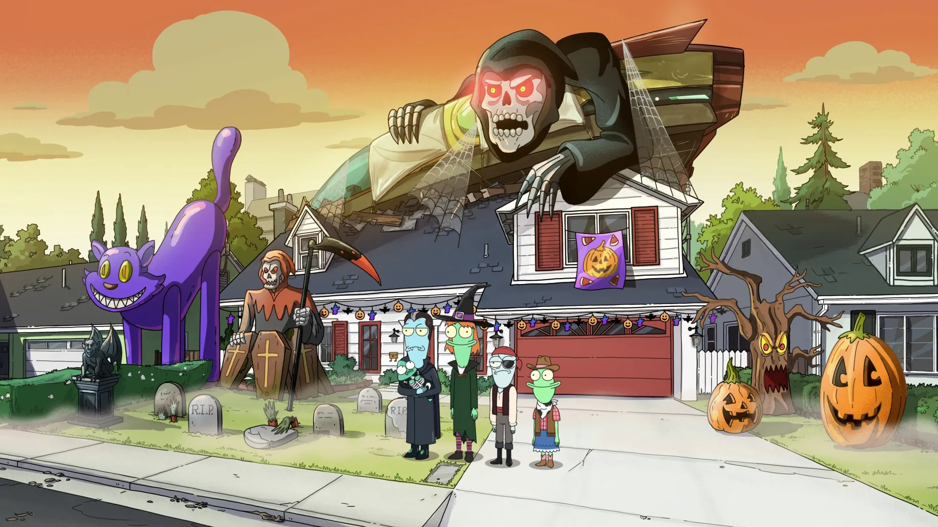 Korvo, Terry, Yumyulack, and Jesse decorate their home with a giant grim reaper and a purple cat in Solar Opposites.