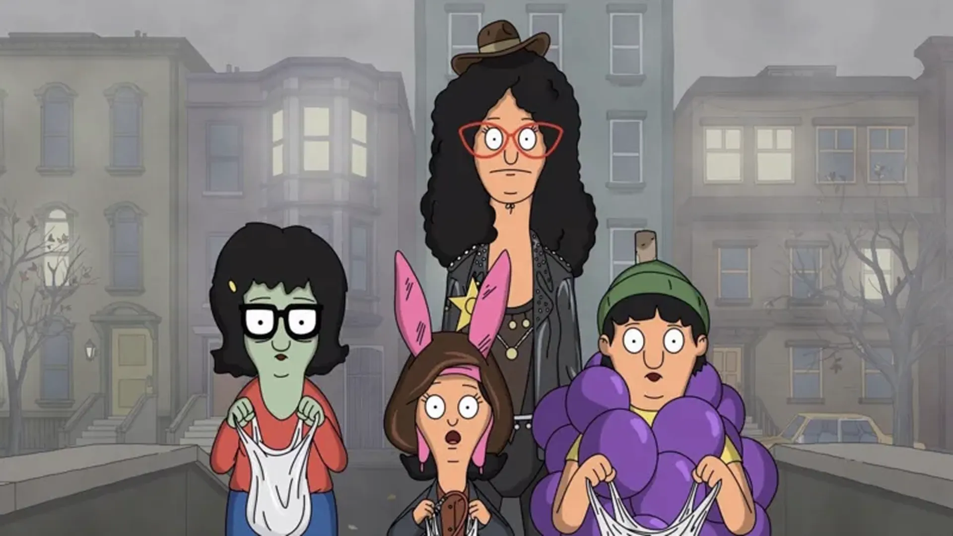 Linda Belcher, Louise Belcher, Tina Belcher, and Gene Belcher in Bob's Burgers Season 8, Episode 3: “The Wolf of Wharf Street”, Hulu