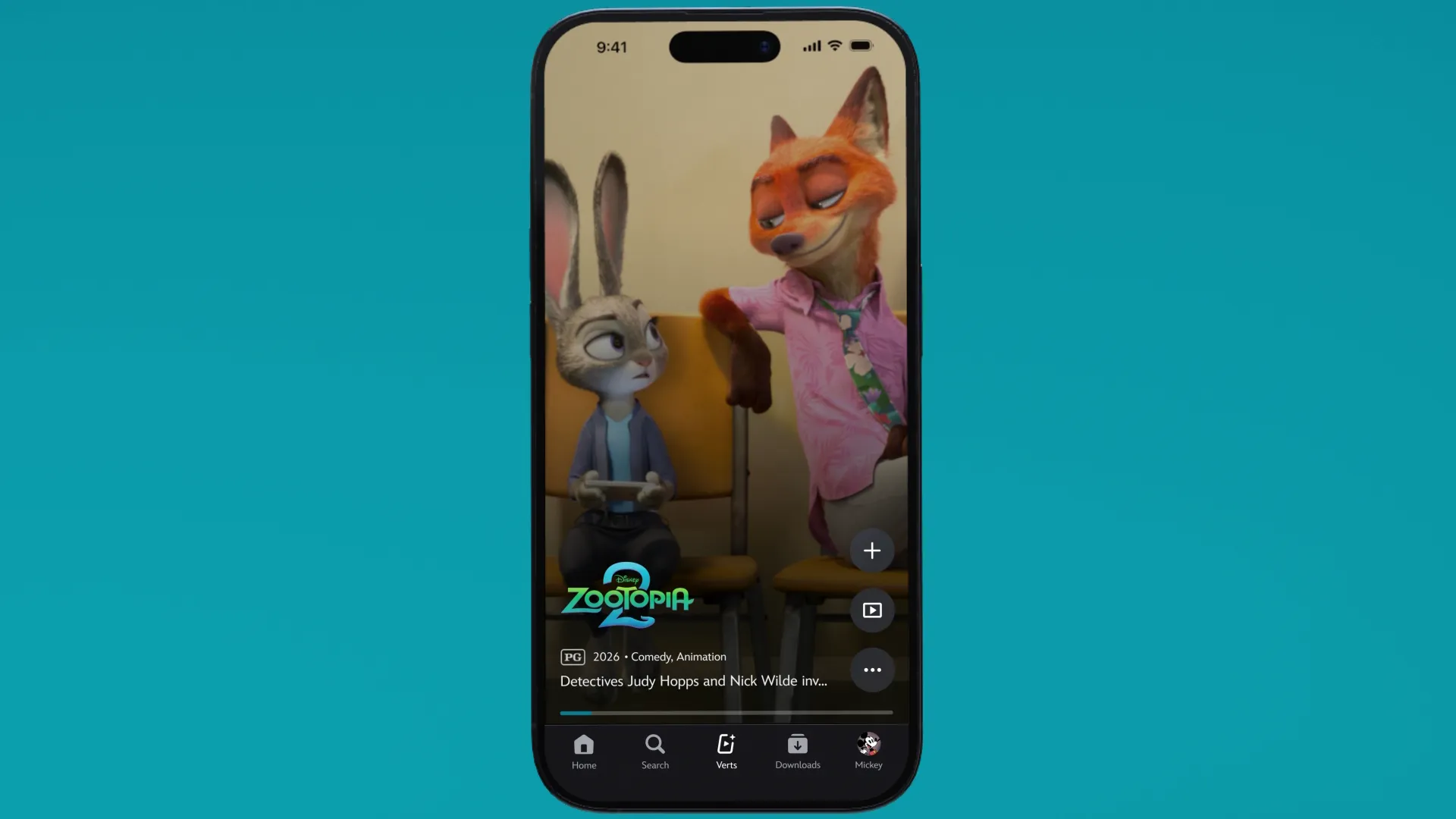 Mobile device showcasing the Verts feature with a scene from Zootopia 2.